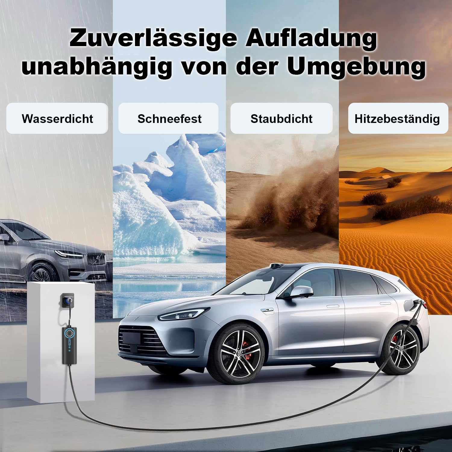 Ein Elektroauto wird geladen, dargestellt in vier Umgebungen: Regen, Eis, Staub und Wüste.