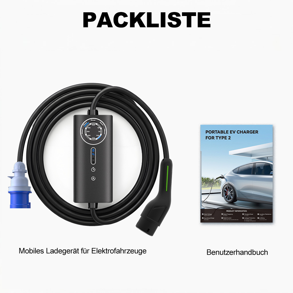 Packliste: Schwarzes EV-Ladegerät mit Kabel und Handbuch.