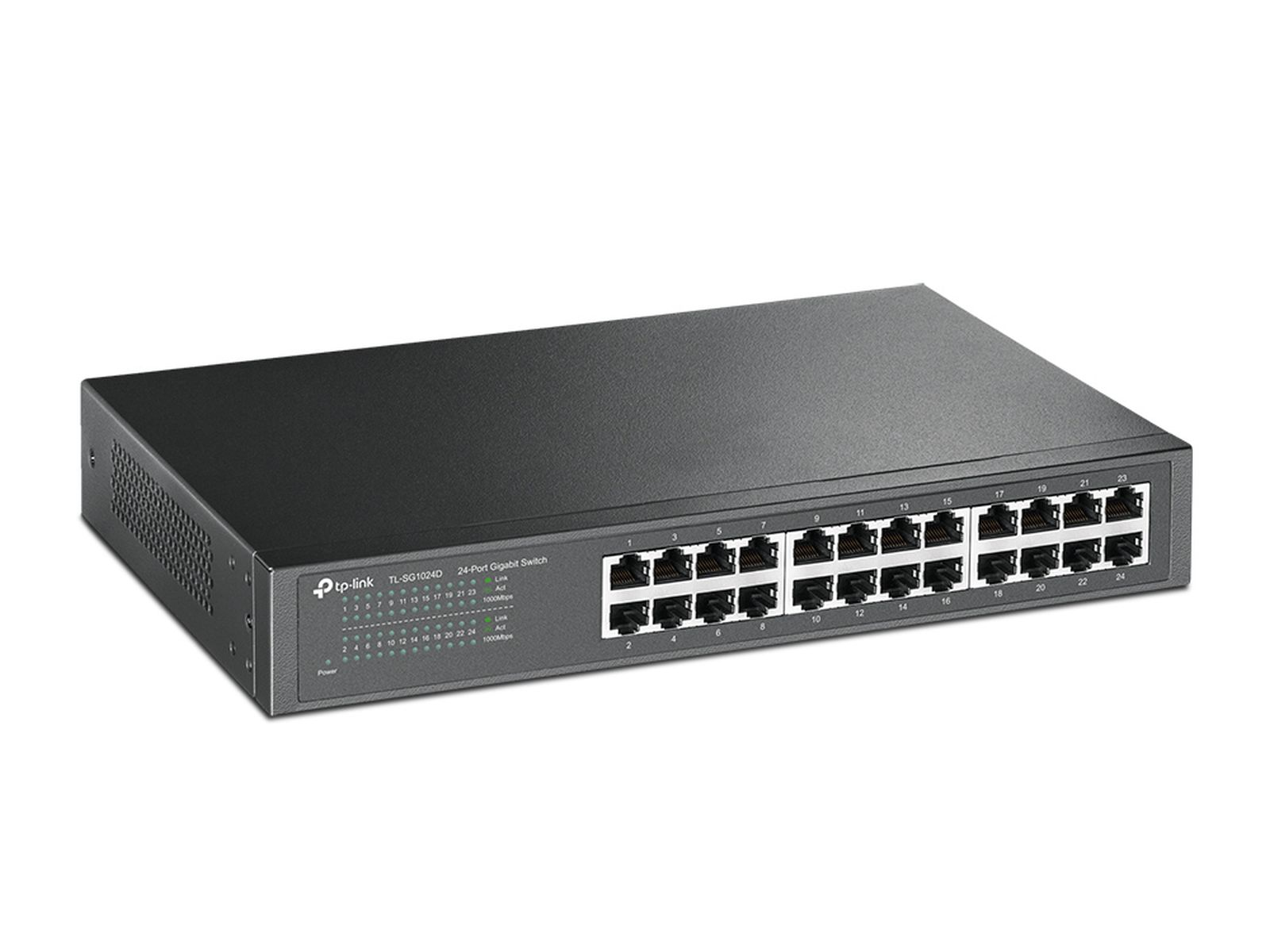 Ein schwarzer TP-Link 24-Port Gigabit Switch auf weißem Hintergrund.
