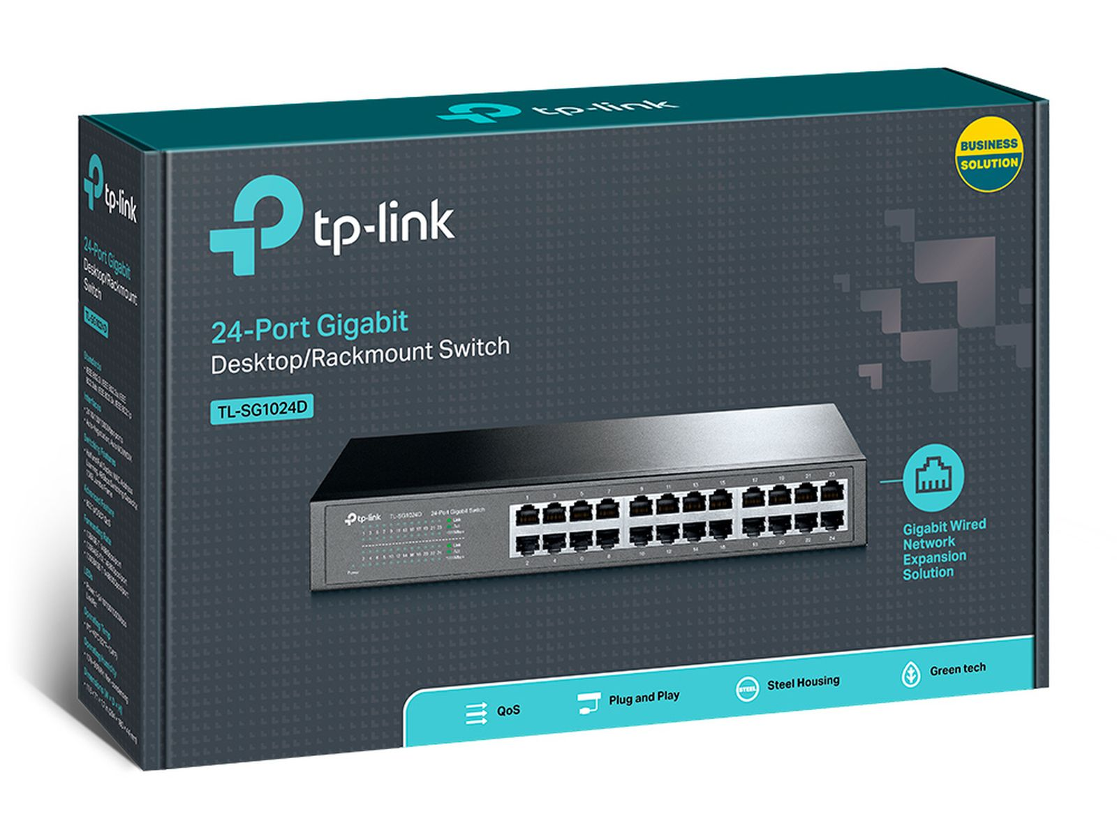 Verpackung eines TP-Link 24-Port Gigabit Desktop/Rackmount Switches, Modell TL-SG1024D.
