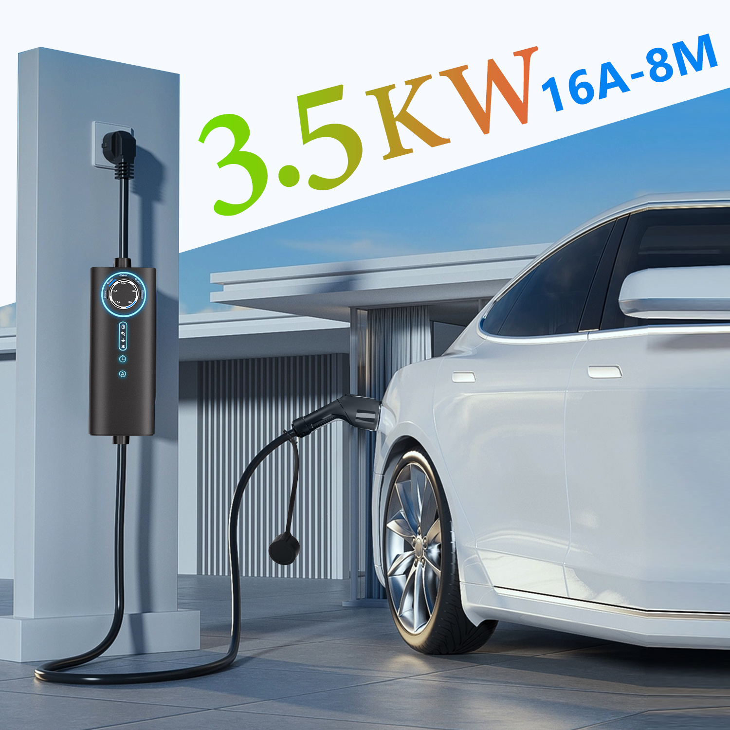 Biały samochód elektryczny ładuje się z ładowarki ściennej. Tekst: 3,5KW 16A-8M.
