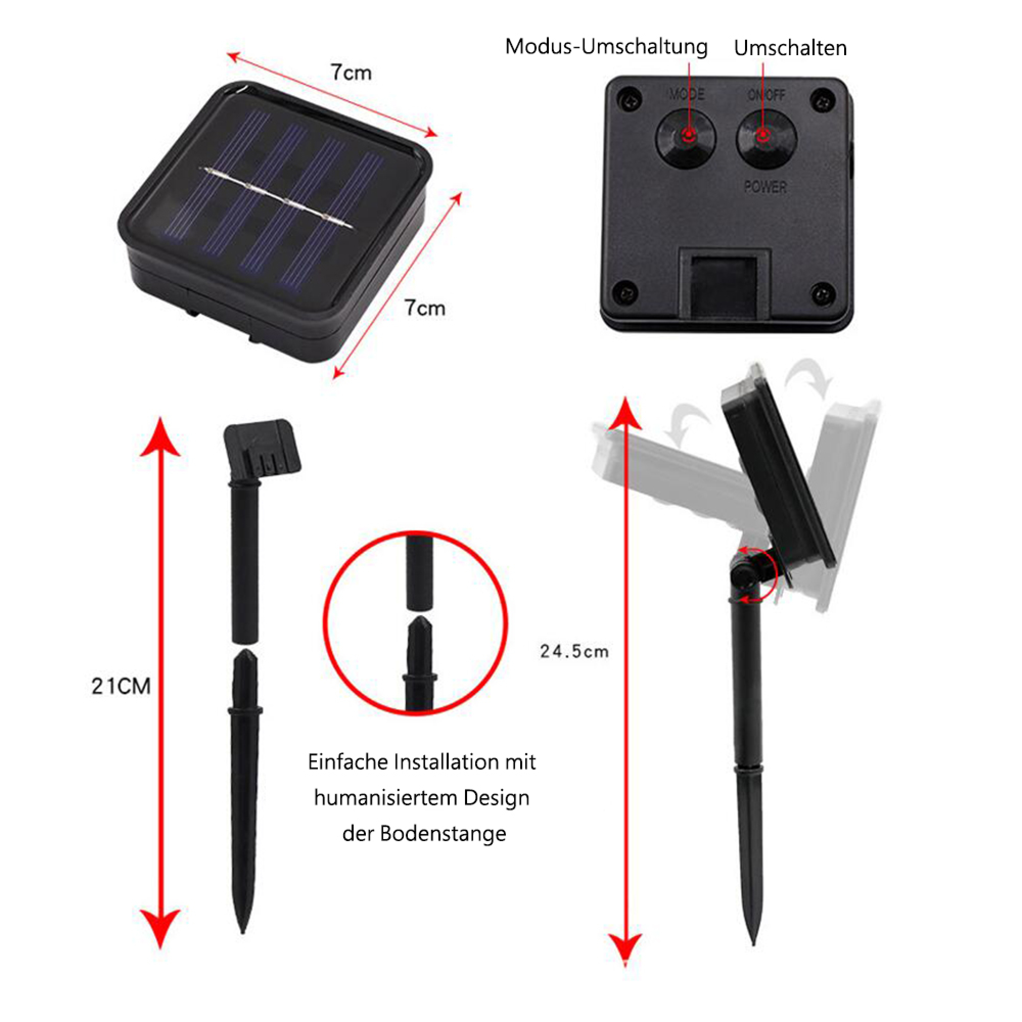 Solarpanel (7x7cm), Rückseite mit Tasten, Erdspieß (21cm) und verstellbare Halterung (24.5cm).