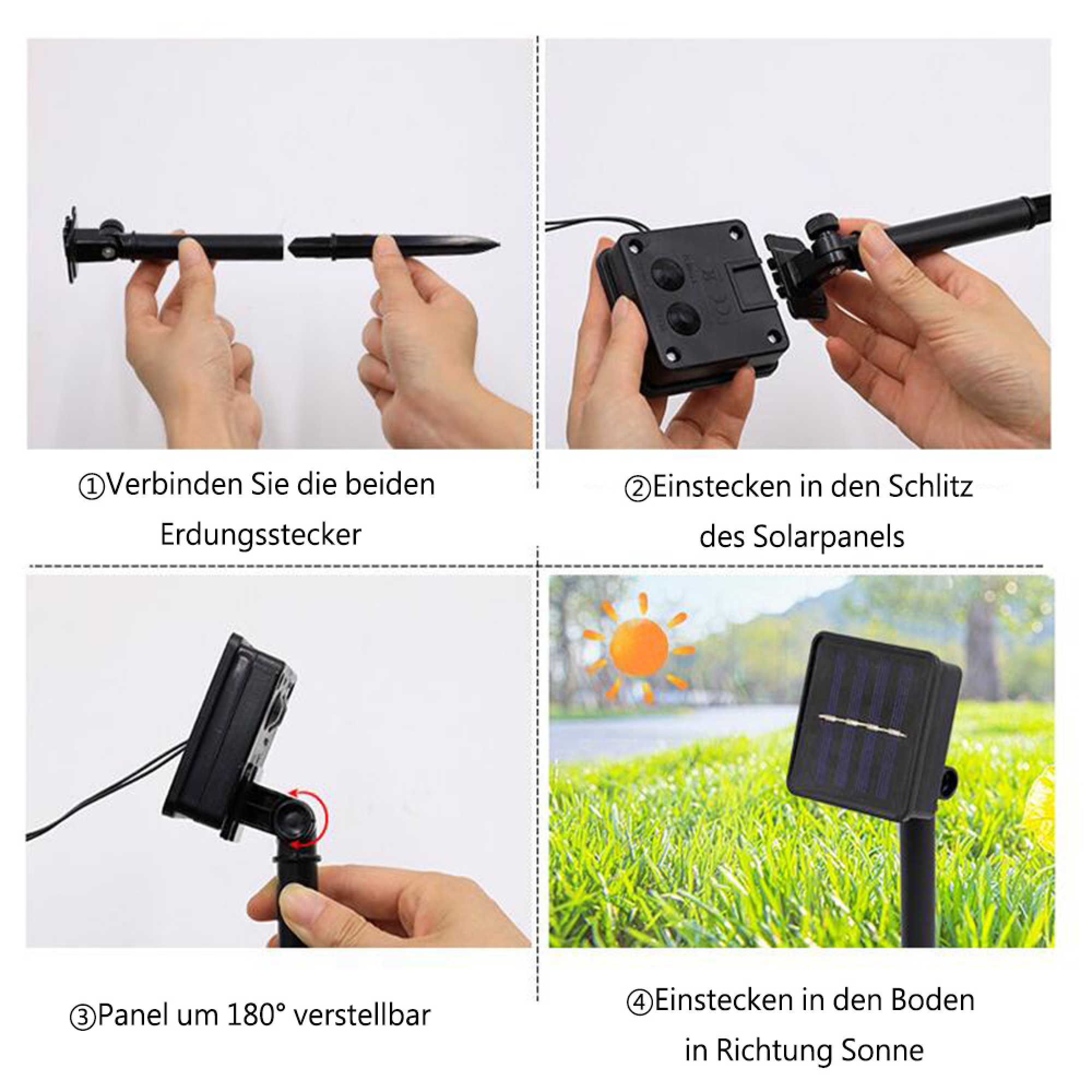 Anleitung: Erdungsstecker verbinden, Panel einstecken, 180° verstellen, in Sonne stecken.