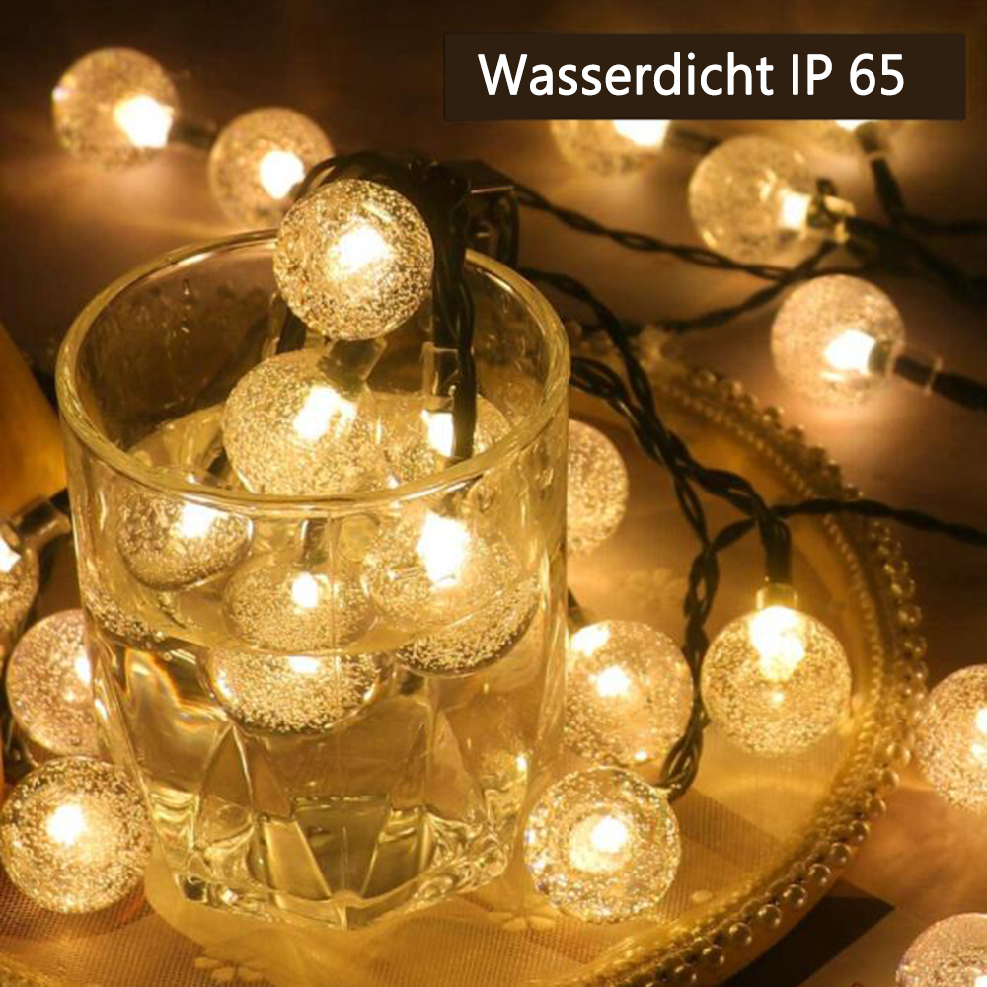 Lichterkette mit runden Glaskugeln in einem Glas, Wasserdicht IP65.
