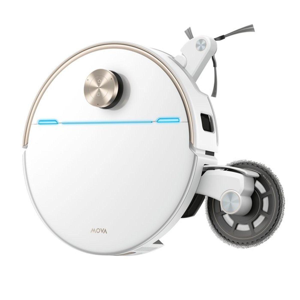Un robot aspirapolvere bianco con spazzole e una ruota.