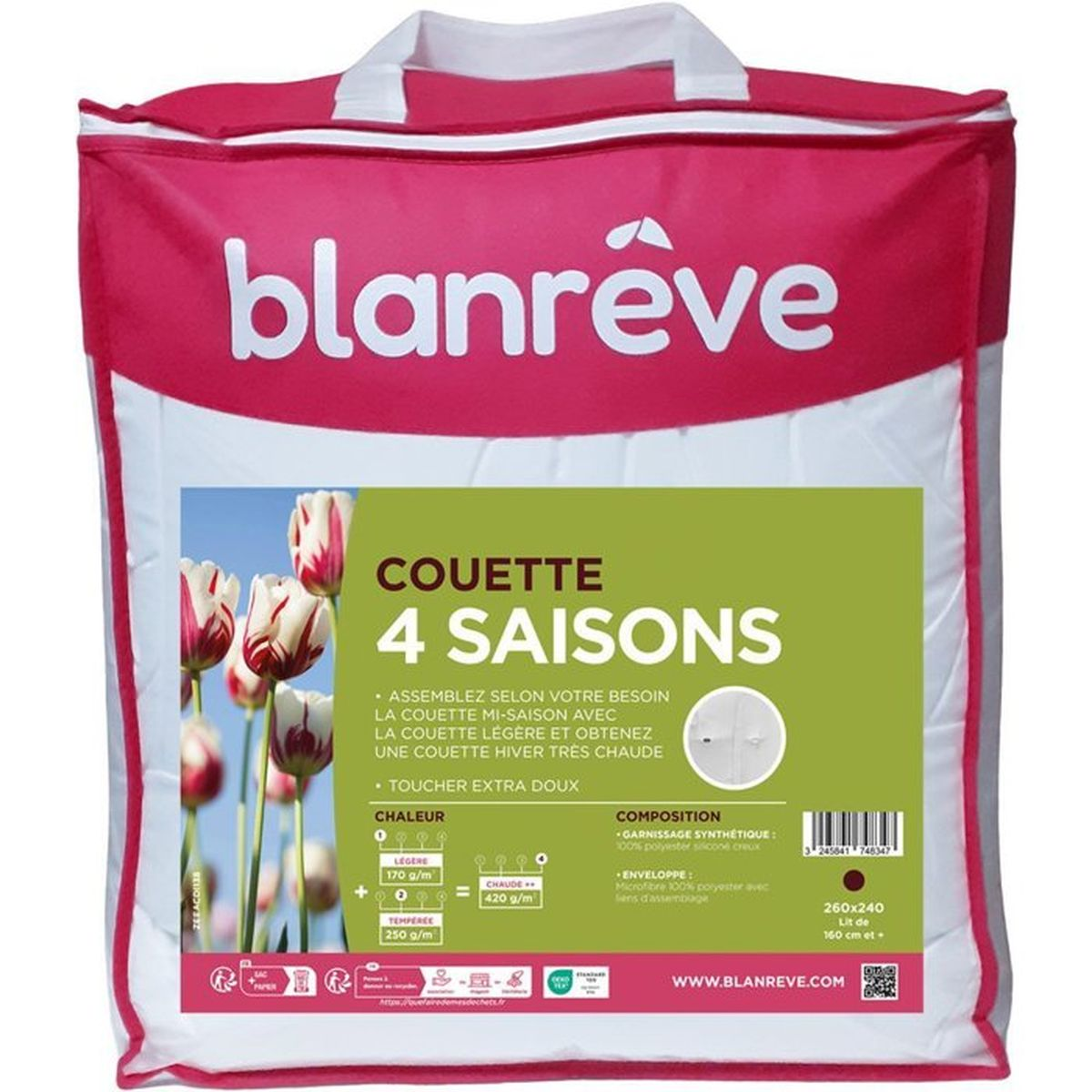 Verpackung einer Decke mit Tulpenmotiv, mit „blanrêve 4 Saisons“ Aufschrift.