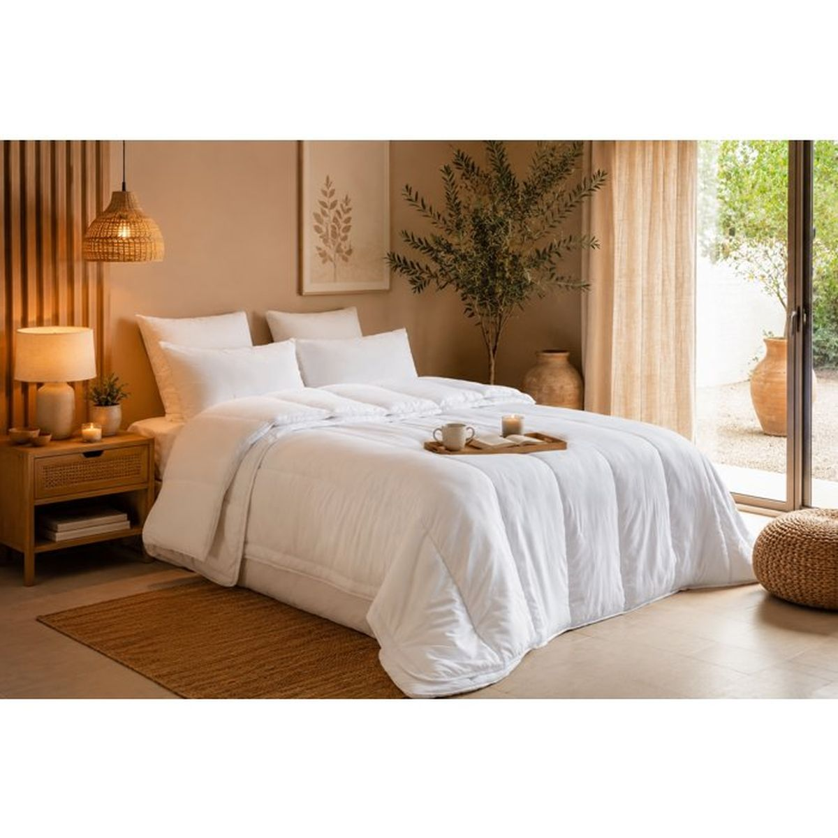 Ein weißes Bett mit Kissen und einer Decke, Nachttisch mit Lampe, Pflanze, Fenster.