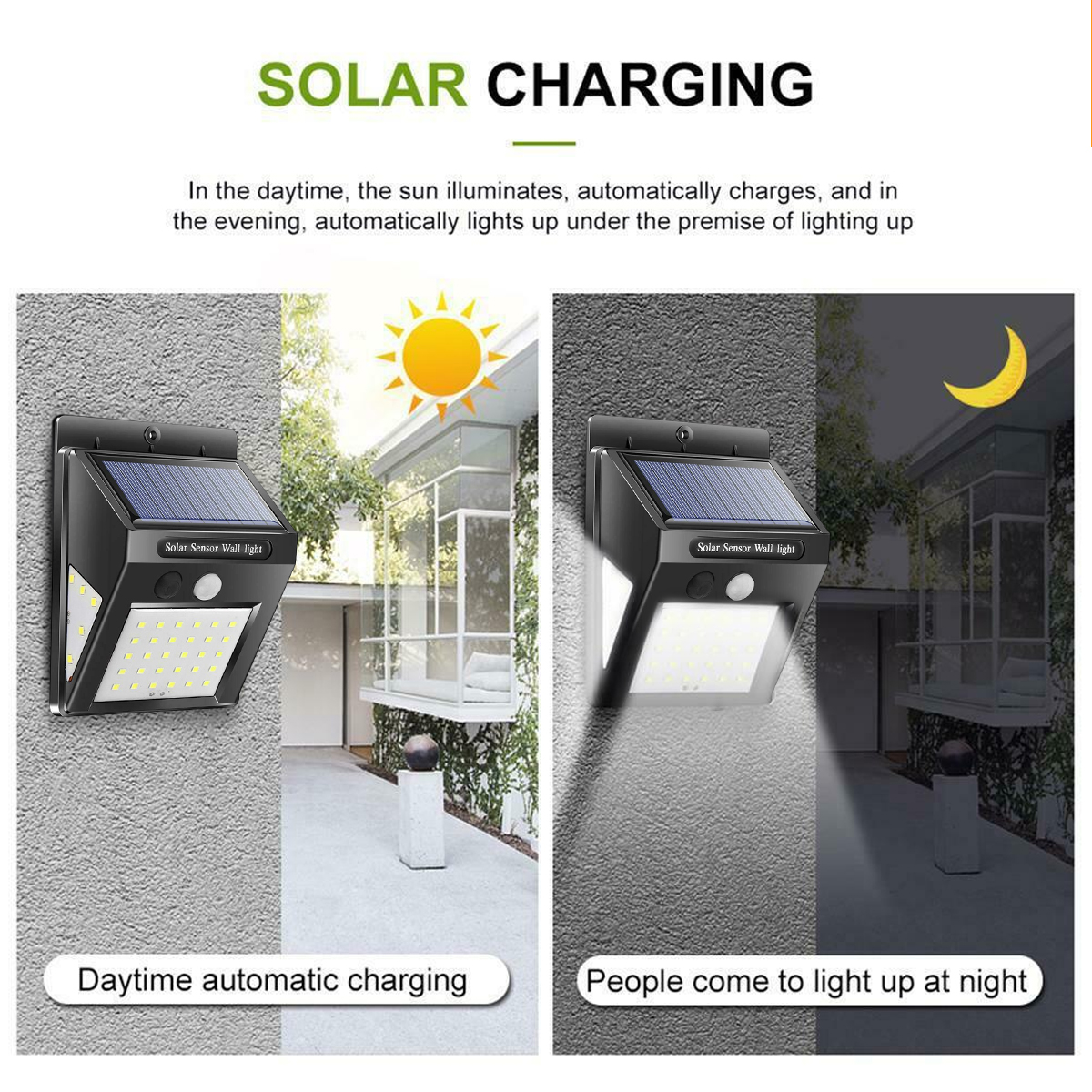 Solarwandleuchte beim Aufladen in der Sonne und Nachtbeleuchtung.