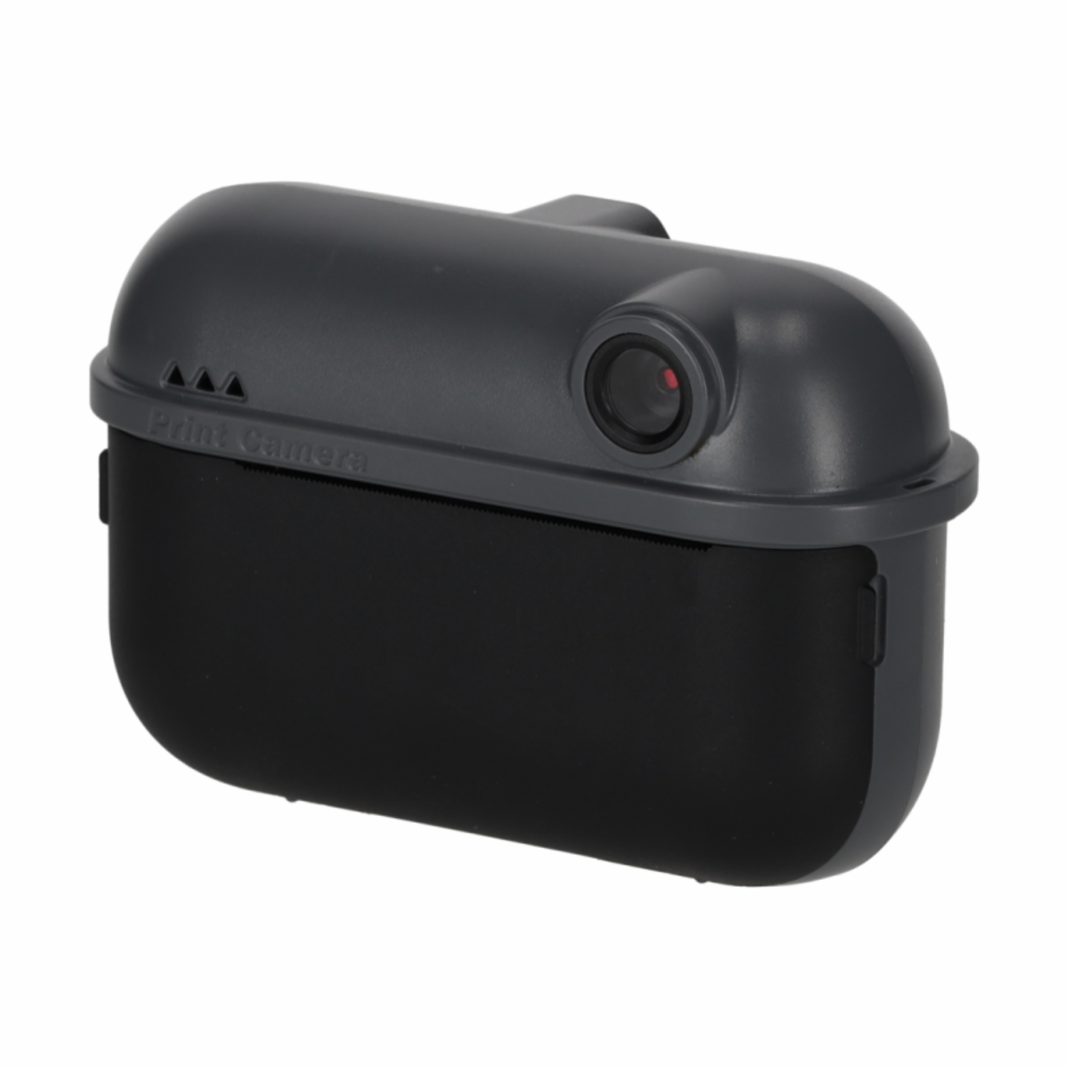 Grijze printcamera met zwart vak en rood lenzendetail.
