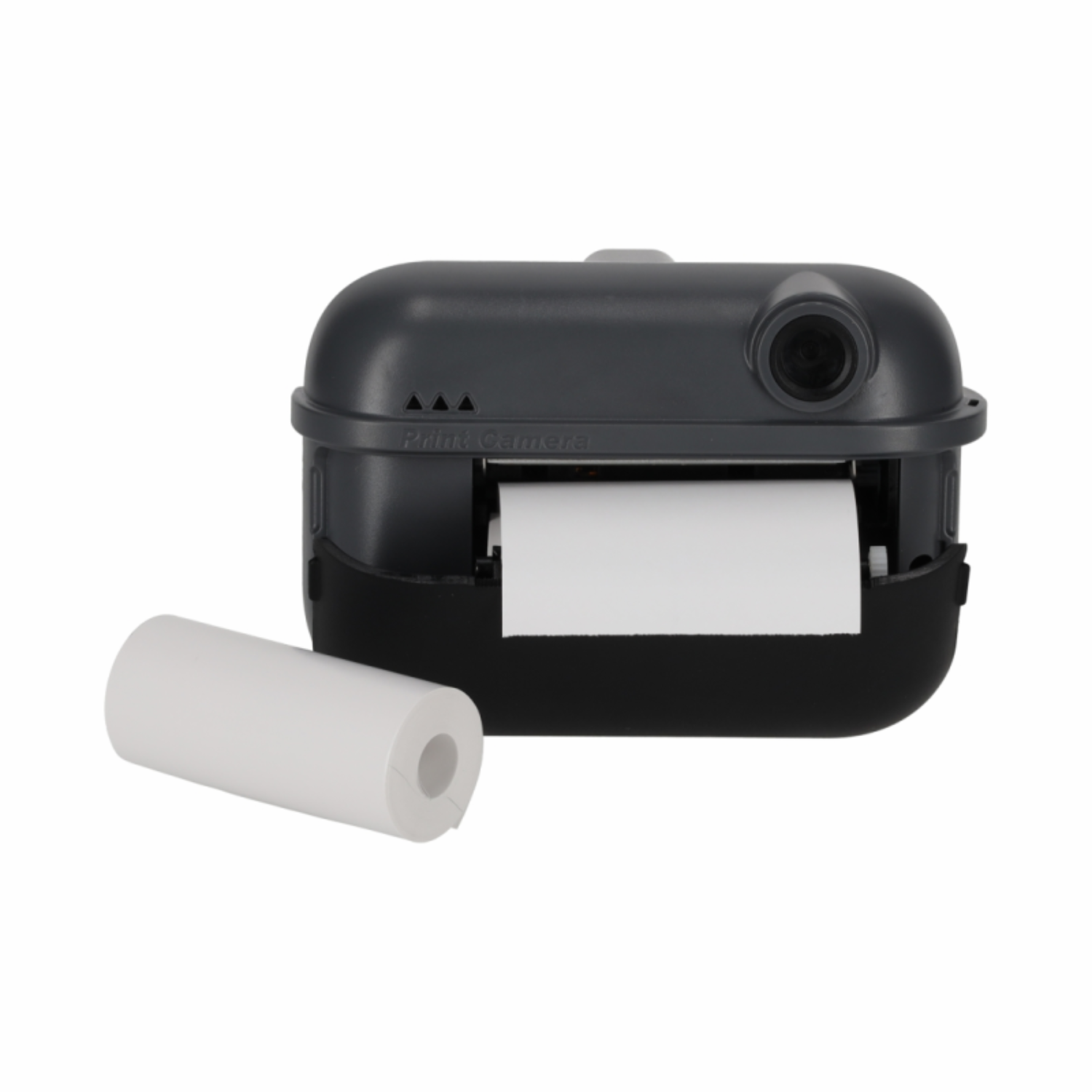 Een donkergrijze printcamera met een rol wit papier ernaast.