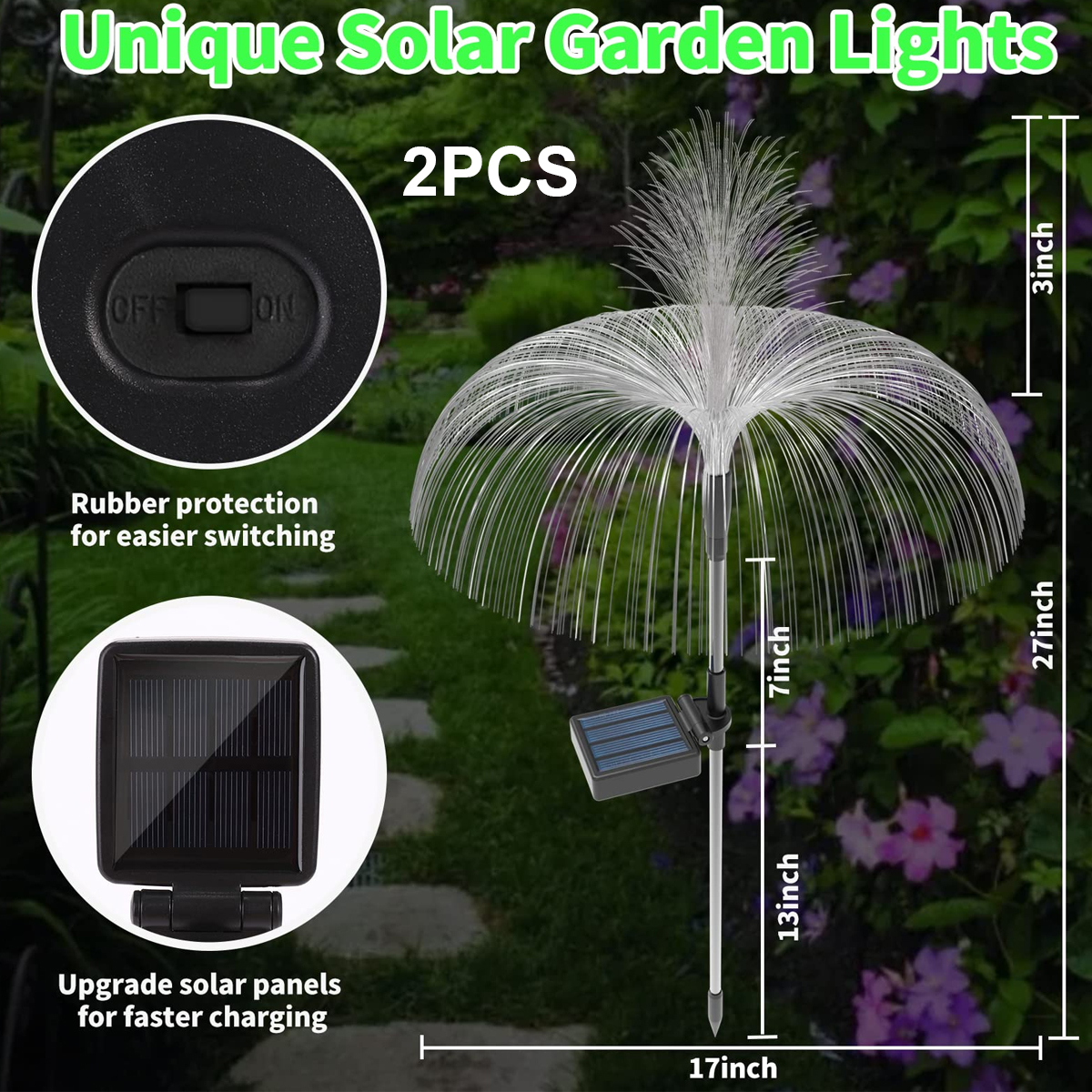 Einzigartige Solar-Gartenleuchte mit Fasern, Solarpanel und Ein-/Ausschalter.