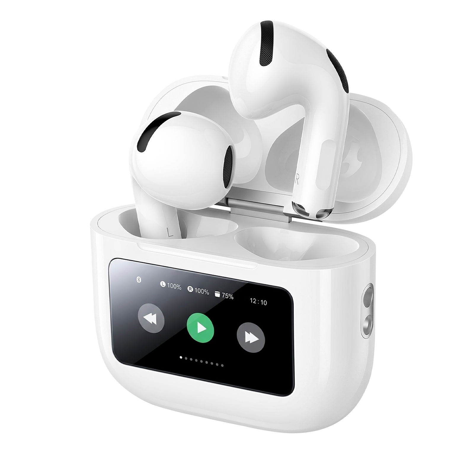 Auricolari wireless bianchi in custodia di ricarica con schermo che mostra i controlli.