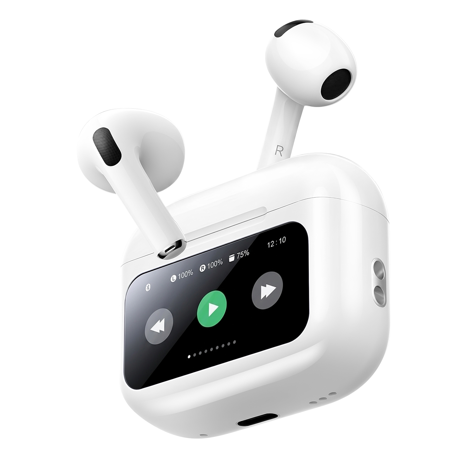 Auricolari wireless bianchi con custodia di ricarica che mostra controlli e stato batteria.