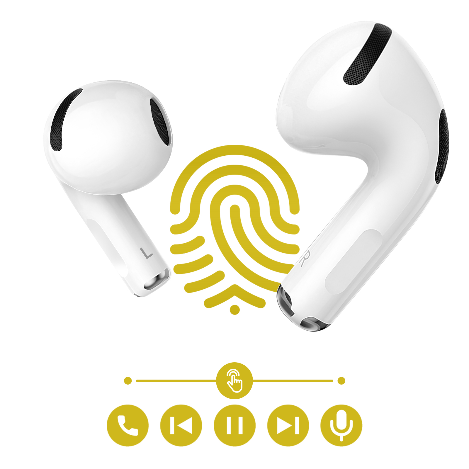Due auricolari bianchi con icona impronta digitale gialla e icone di controllo.