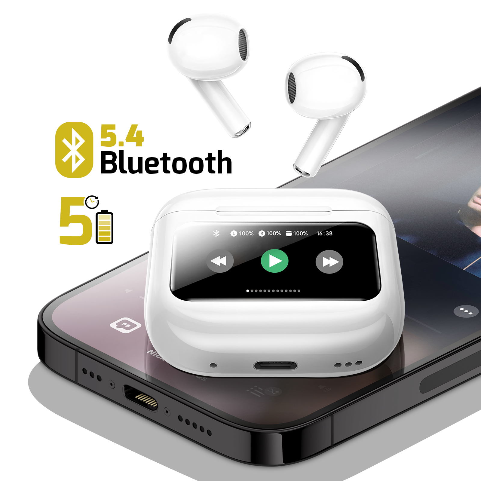 Auricolari wireless bianchi e custodia di ricarica su smartphone. Icone Bluetooth 5.4 e batteria.
