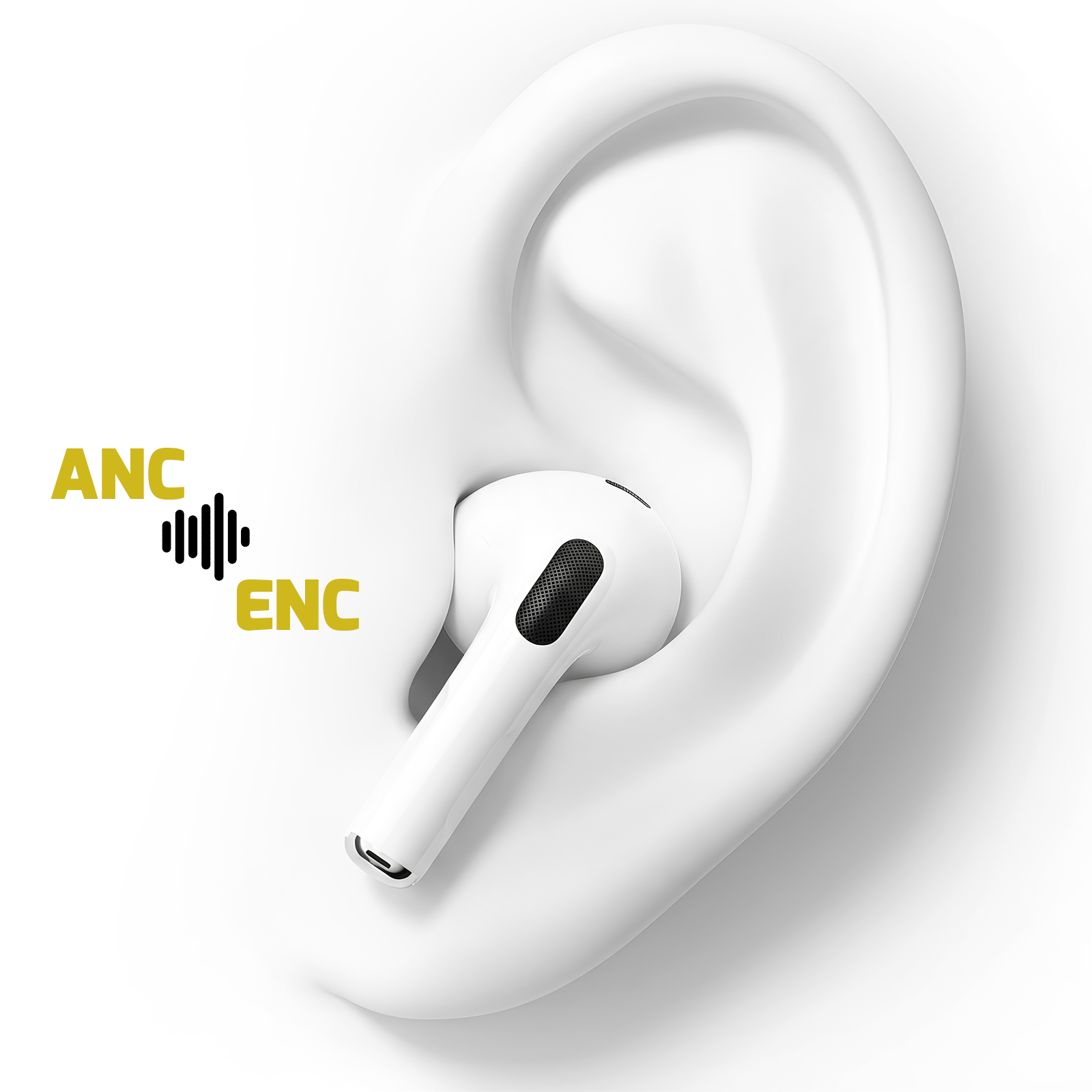 Un auricolare bianco in un orecchio bianco stilizzato. Logo ANC/ENC.