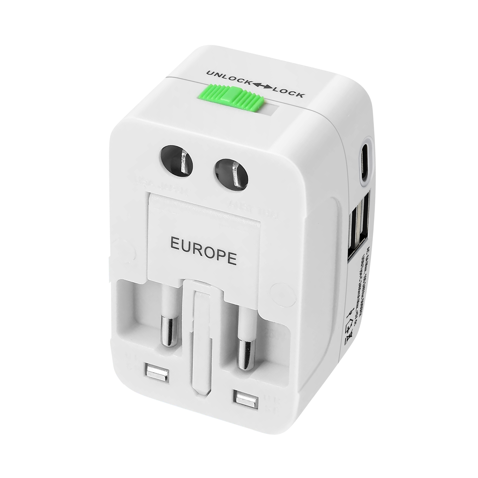 Ein weißer Reiseadapter mit USB-Anschlüssen und Steckern für Europa.