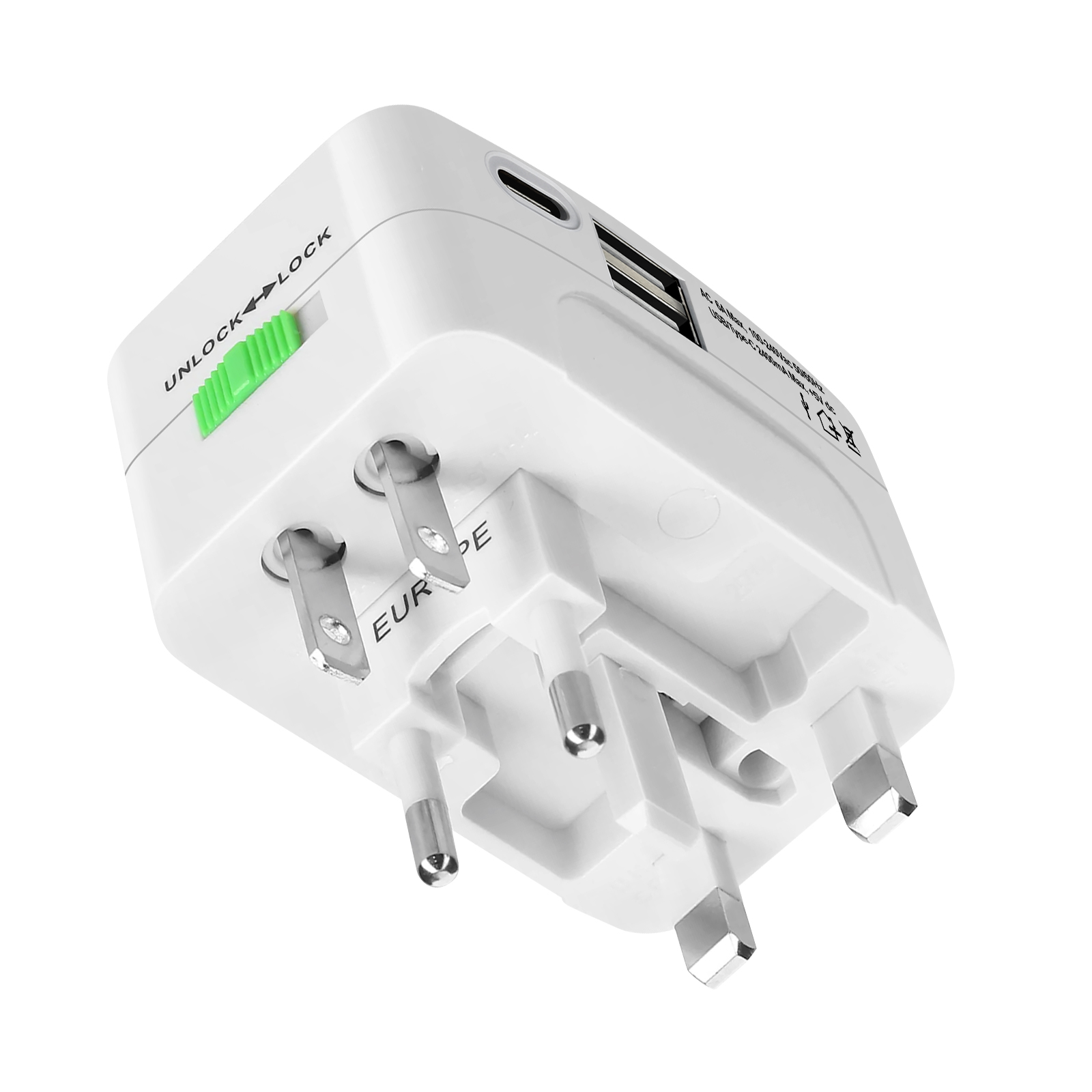 Ein weißer Reiseadapter mit ausziehbaren Steckern, USB-Anschlüssen und einem grünen Schieberegler.