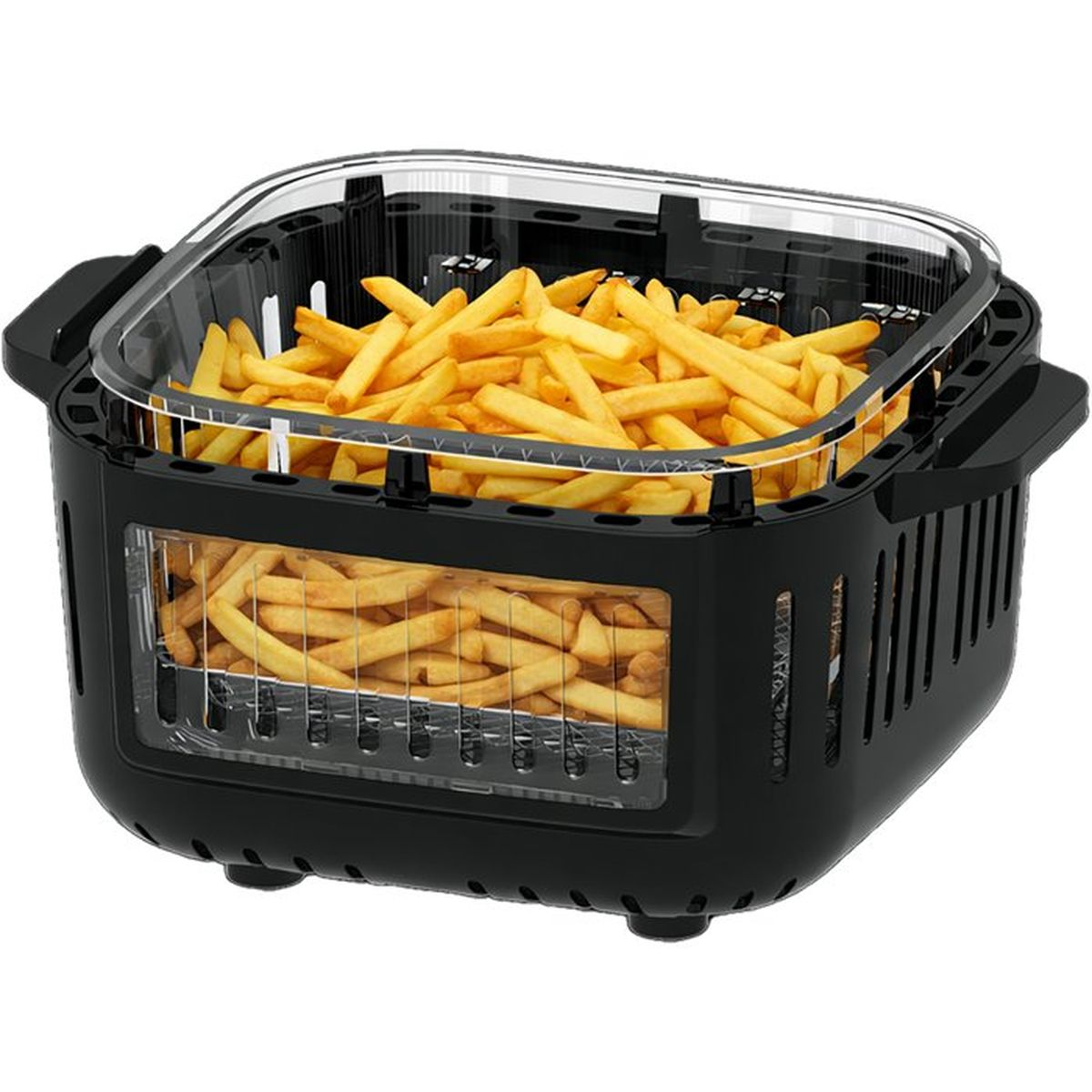 Ein schwarzer Heißluftfritteusenkorb voller goldbrauner Pommes Frites, mit transparentem Deckel.