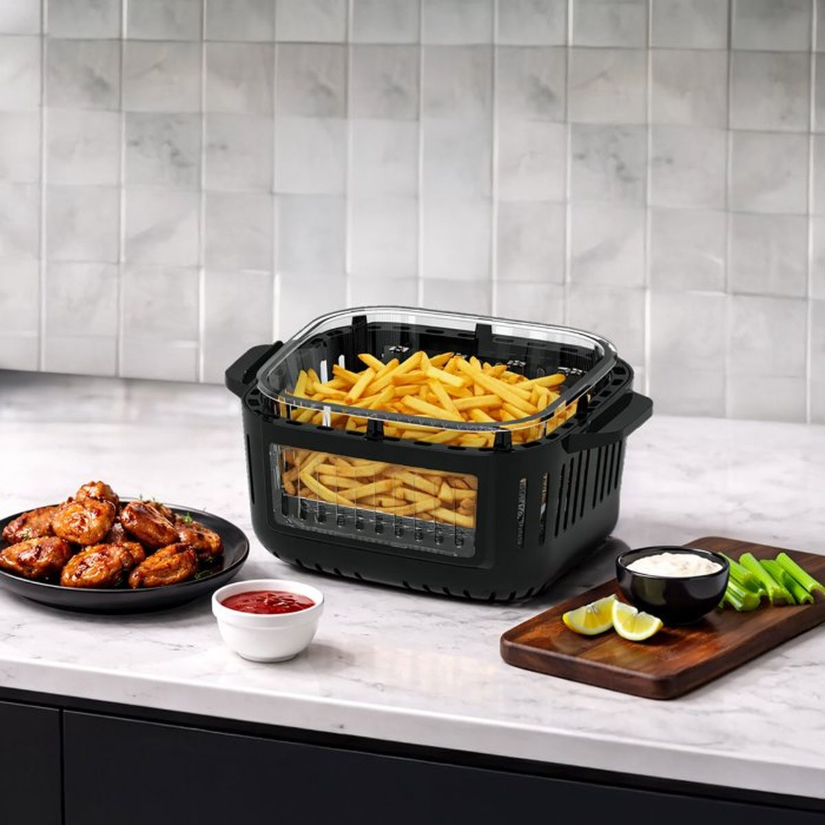 Ein schwarzer Heißluftfritteusenkorb gefüllt mit Pommes Frites, daneben Hähnchenflügel, Dip und Gemüse.