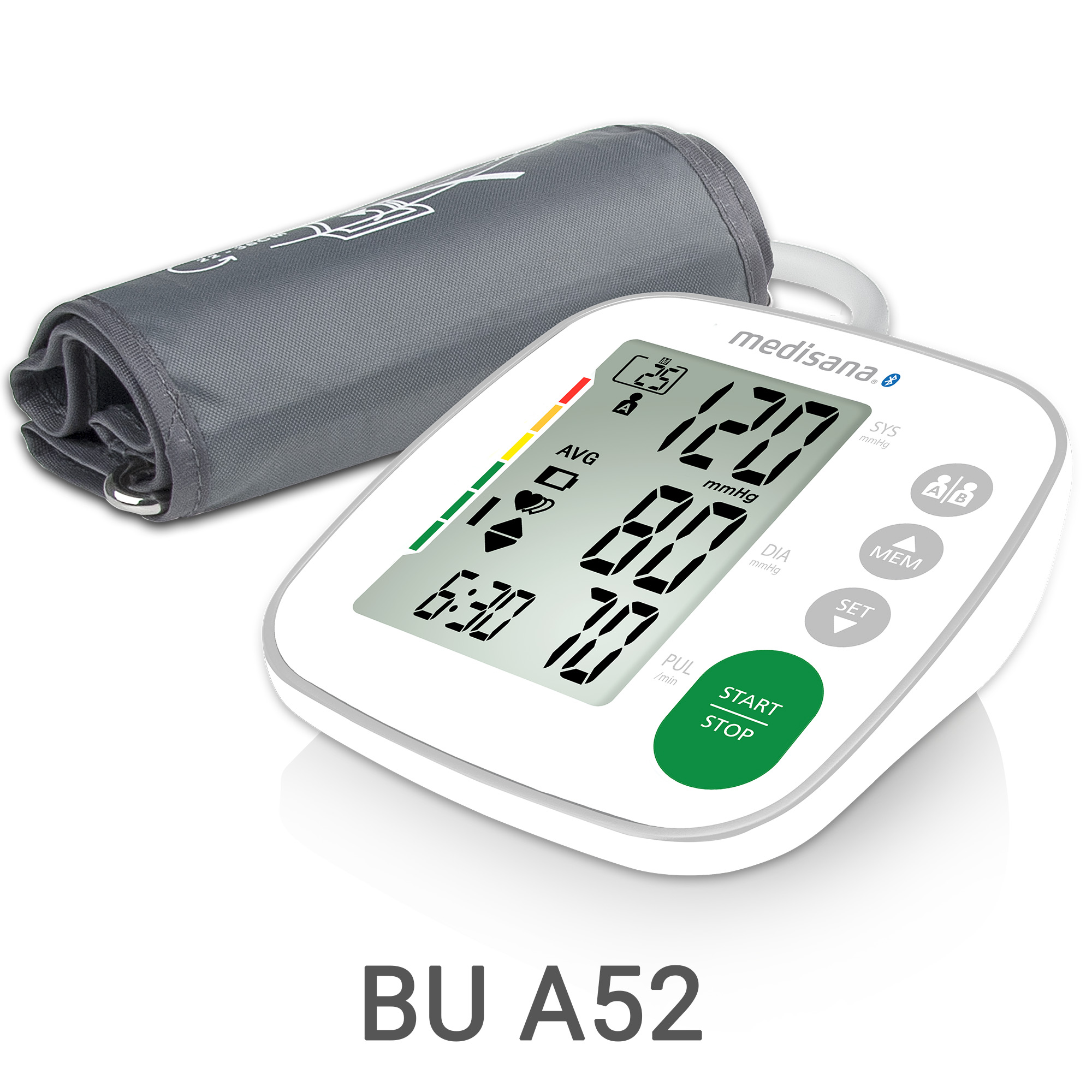 Un misuratore di pressione Medisana bianco con bracciale, che mostra 120/80 mmHg.