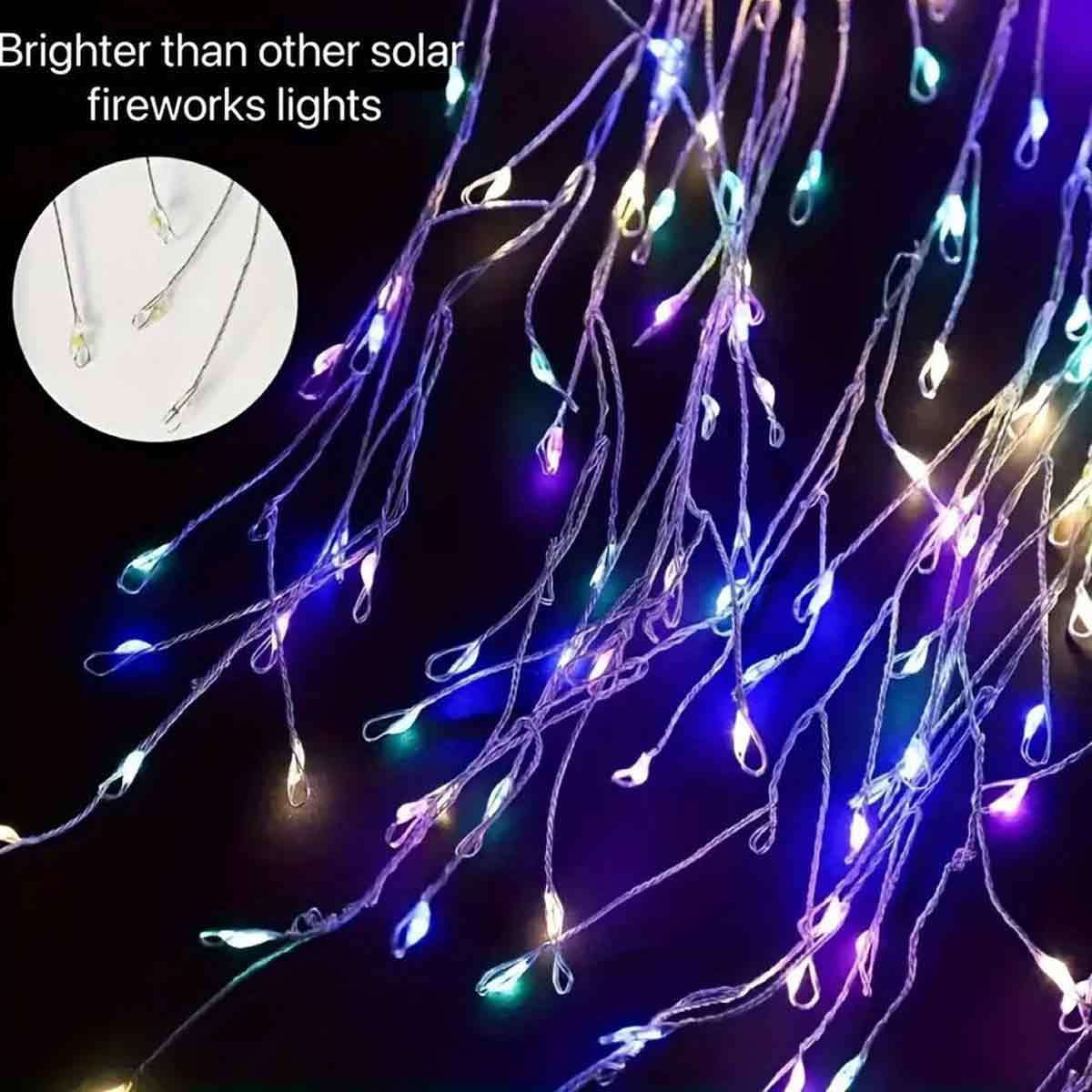 Bunte Lichterketten mit Tropfenform auf dünnen Drähten, dunkler Hintergrund.