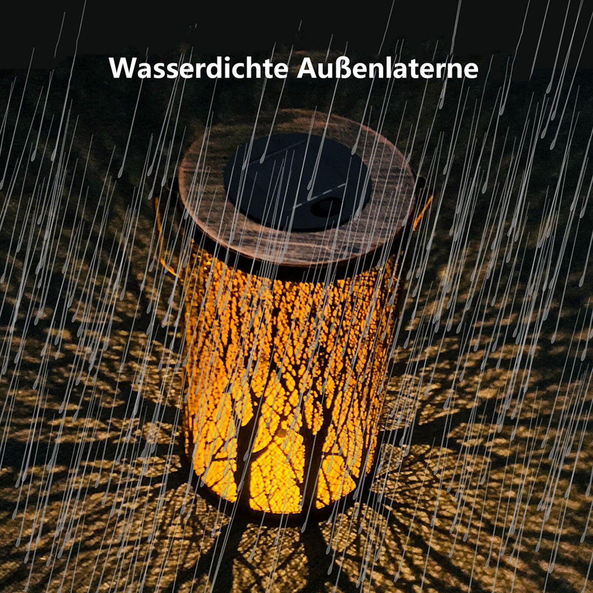 Wasserdichte Au&szlig;enlaterne mit Baum-Muster im Regen.