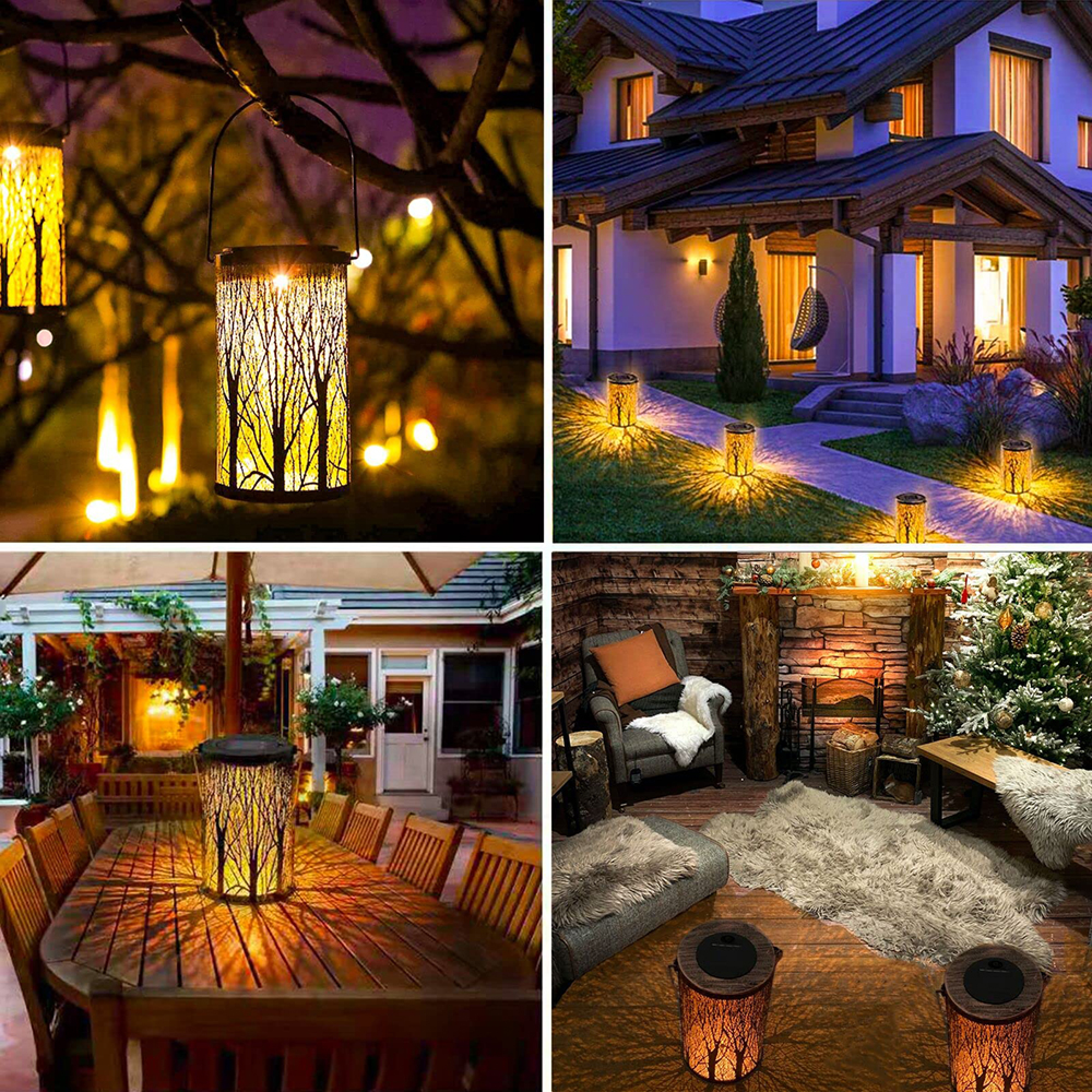 Vier Szenen zeigen Laternen mit Baumdesign: Aufgehängt an Baum, vor Haus, auf Gartentisch, im Wohnzimmer.