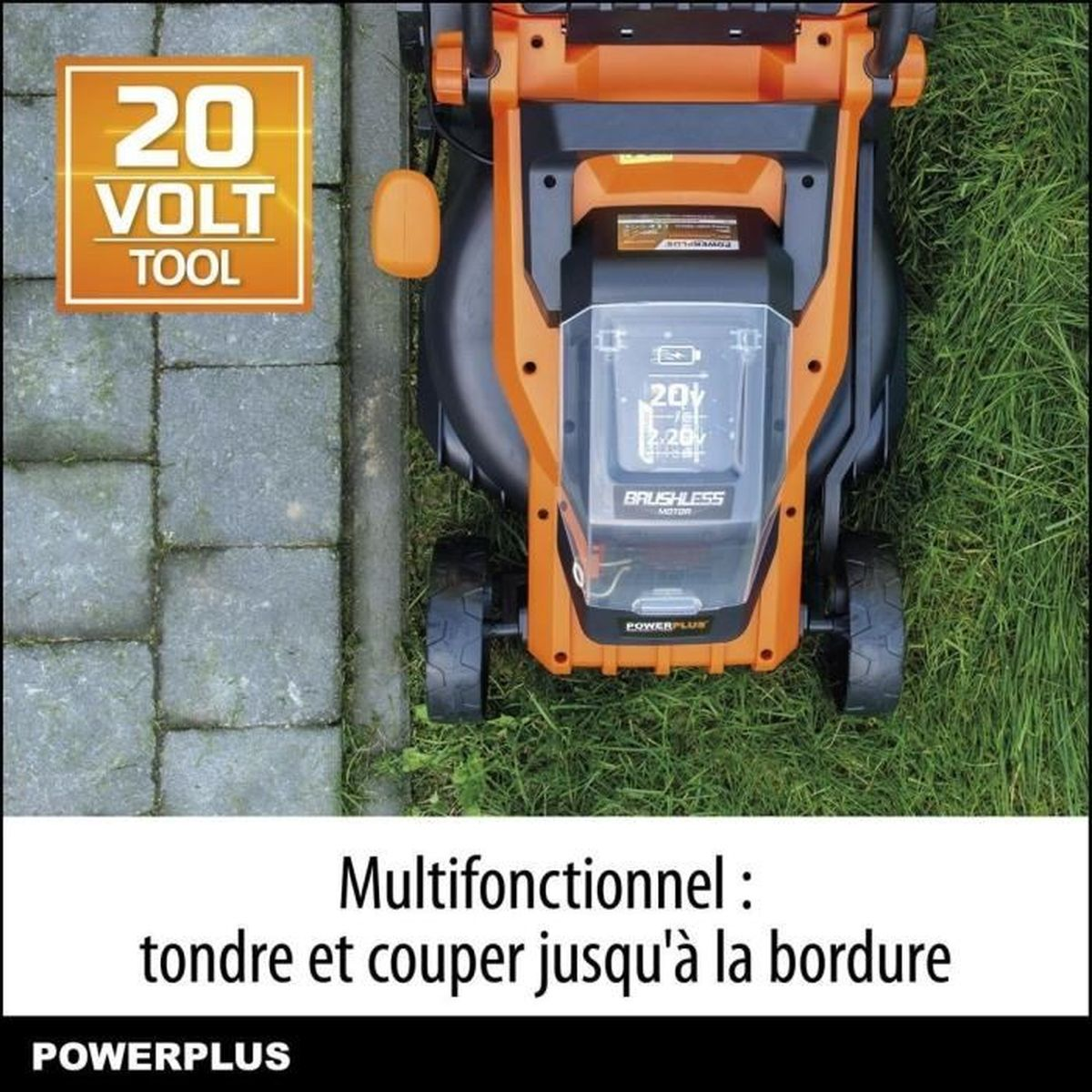 Ein orangefarbener Rasenmäher mit 20-V-Werkzeugaufschrift neben gepflastertem Boden.