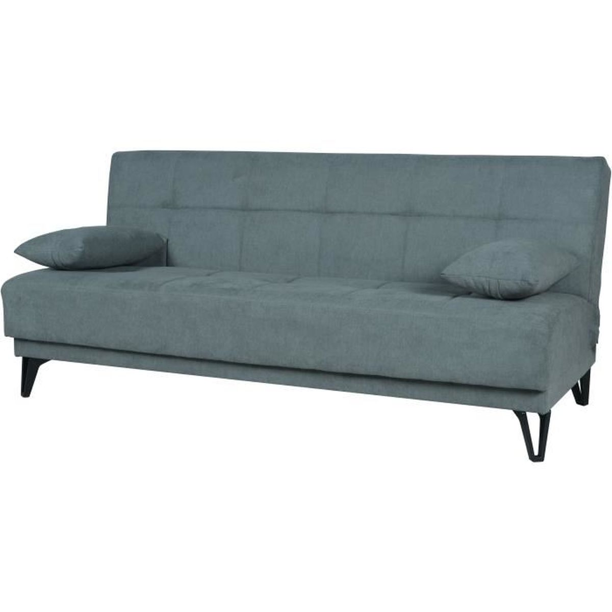 Grauer Schlafsofa mit zwei Kissen und schwarzen Metallfüßen.