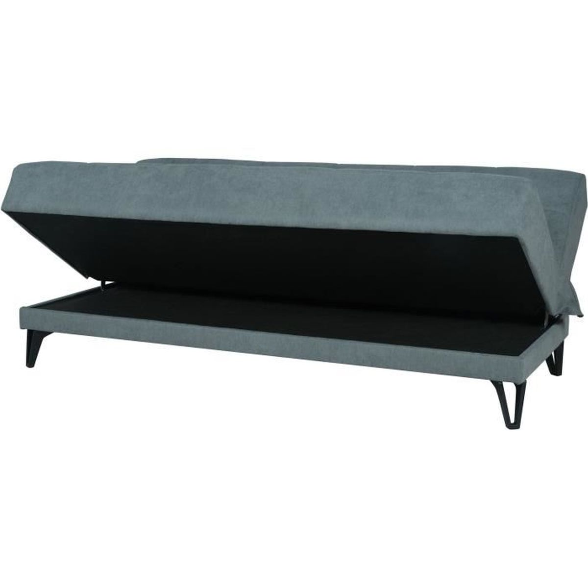 Grauer Schlafsofa mit hochgeklappter Sitzfläche und schwarzen Beinen.