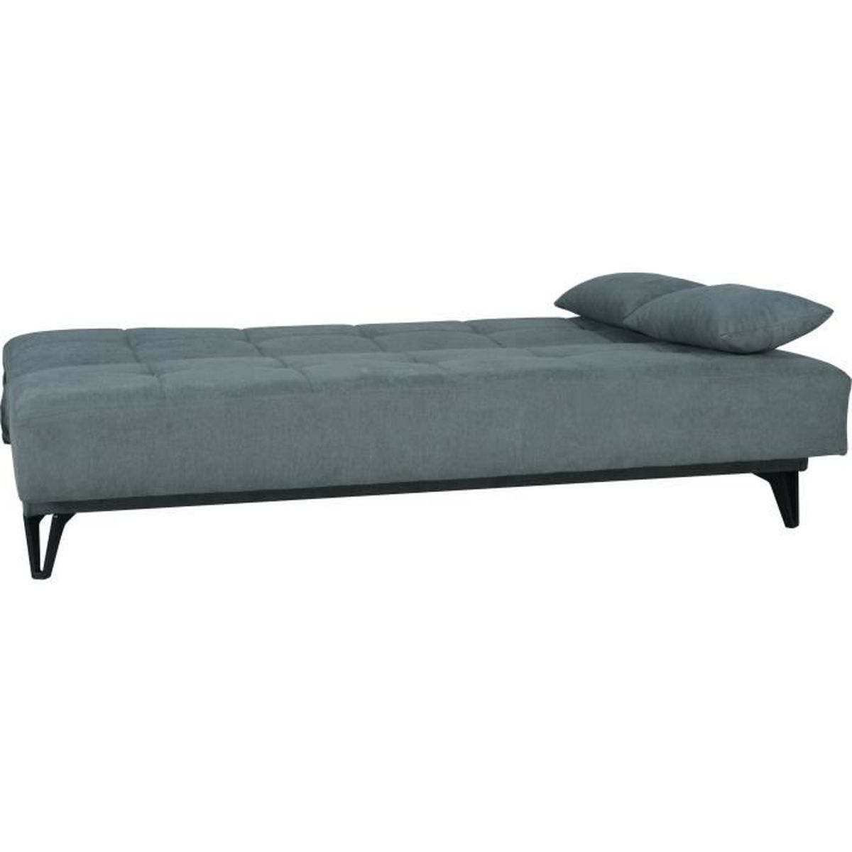 Grauer Schlafsofa mit zwei Kissen und schwarzen Beinen.