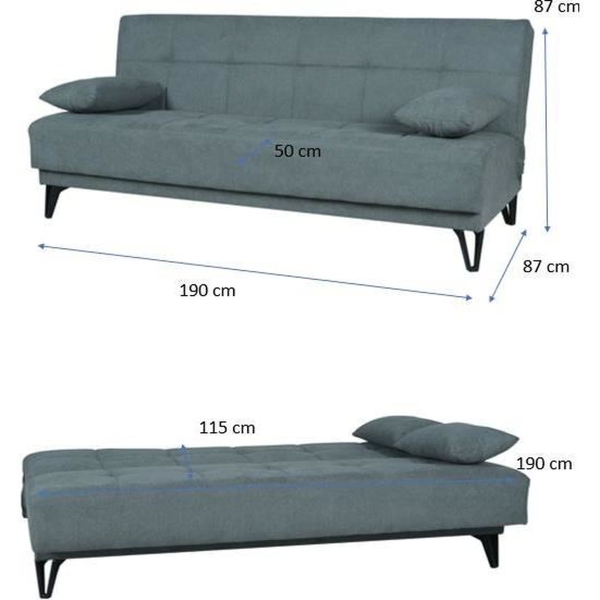 Graues Schlafsofa, 190cm lang, 87cm hoch, 50cm tief. Auch ausgeklappt gezeigt.
