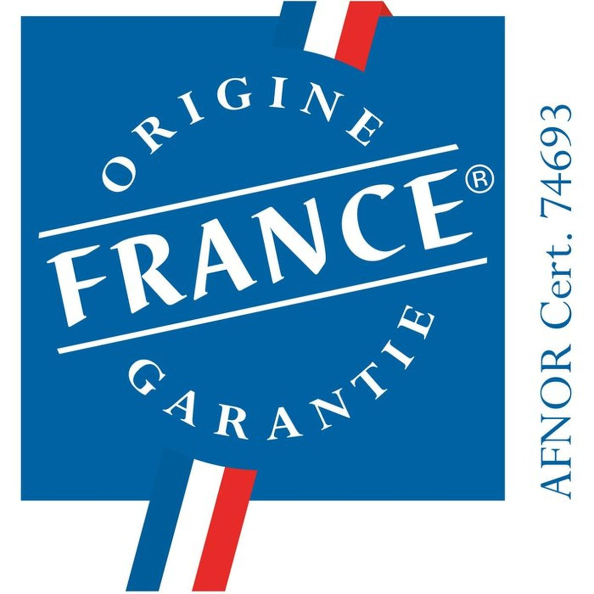 Blauer Kreis mit weißem Text: "Origine France Garantie". Französische Flagge oben und unten.