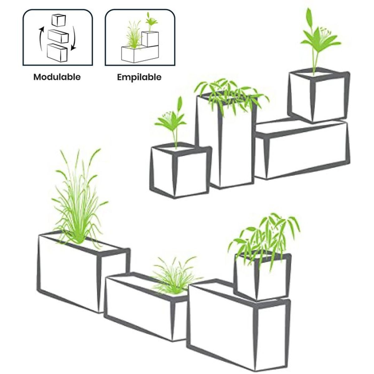 Strichzeichnungen von modularen und stapelbaren Pflanzgefäßen mit grünen Pflanzen.