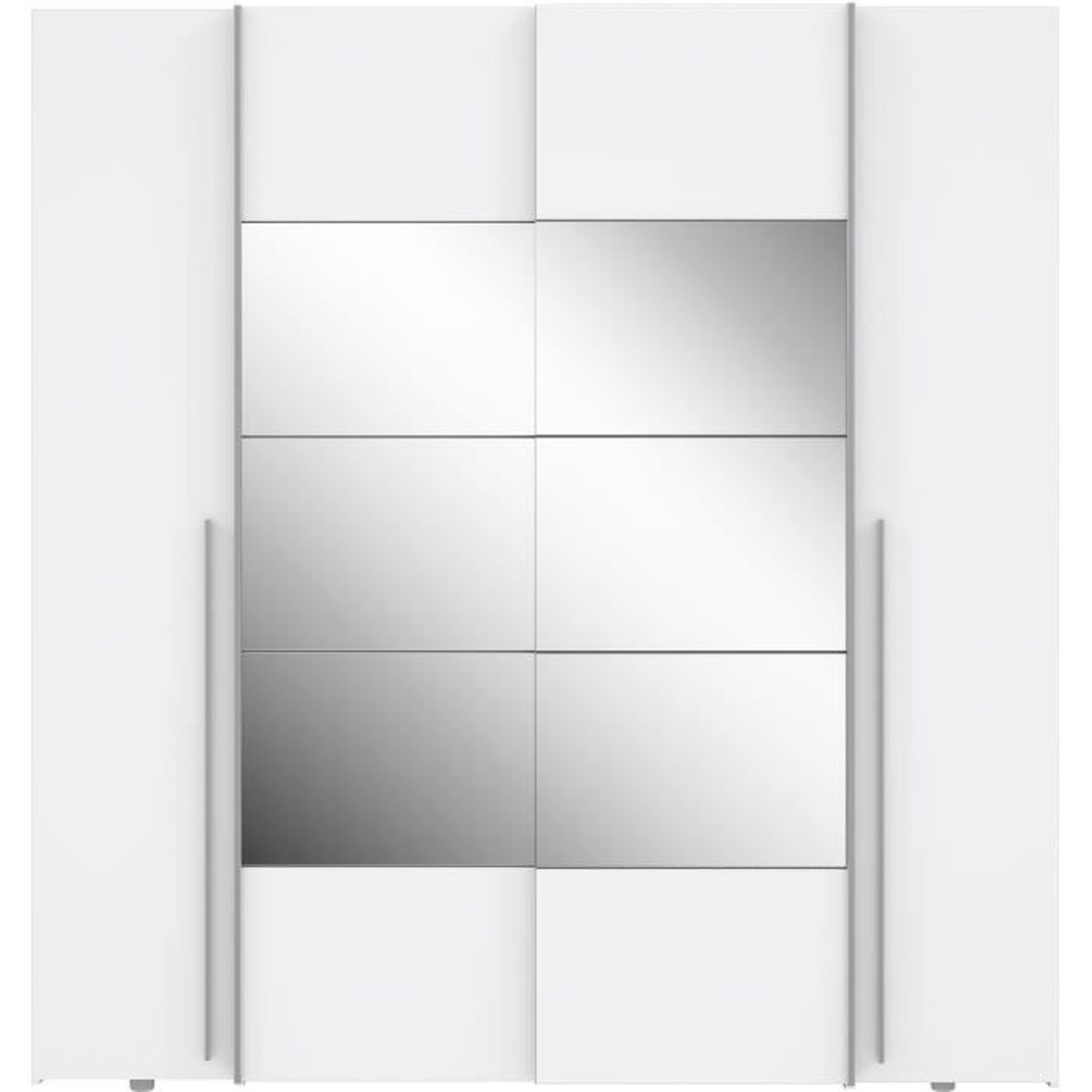 Ein weißer Kleiderschrank mit sechs Türen und sechs Spiegelpaneelen in der Mitte.