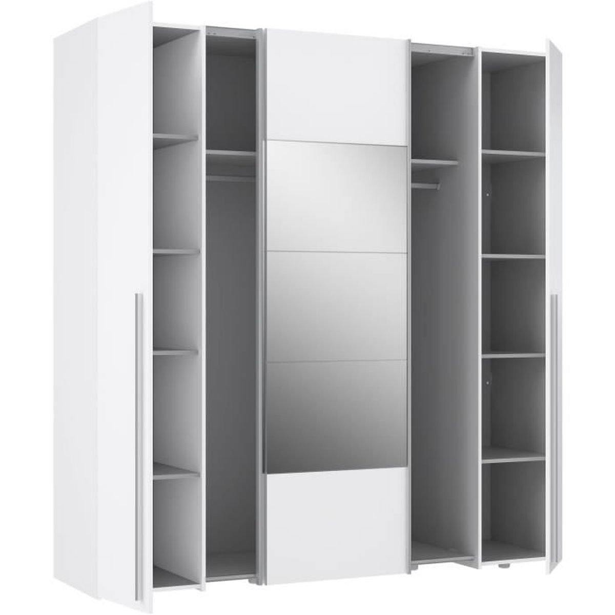 Ein offener weier Kleiderschrank mit Spiegel-Mitteltüren und Regalen.