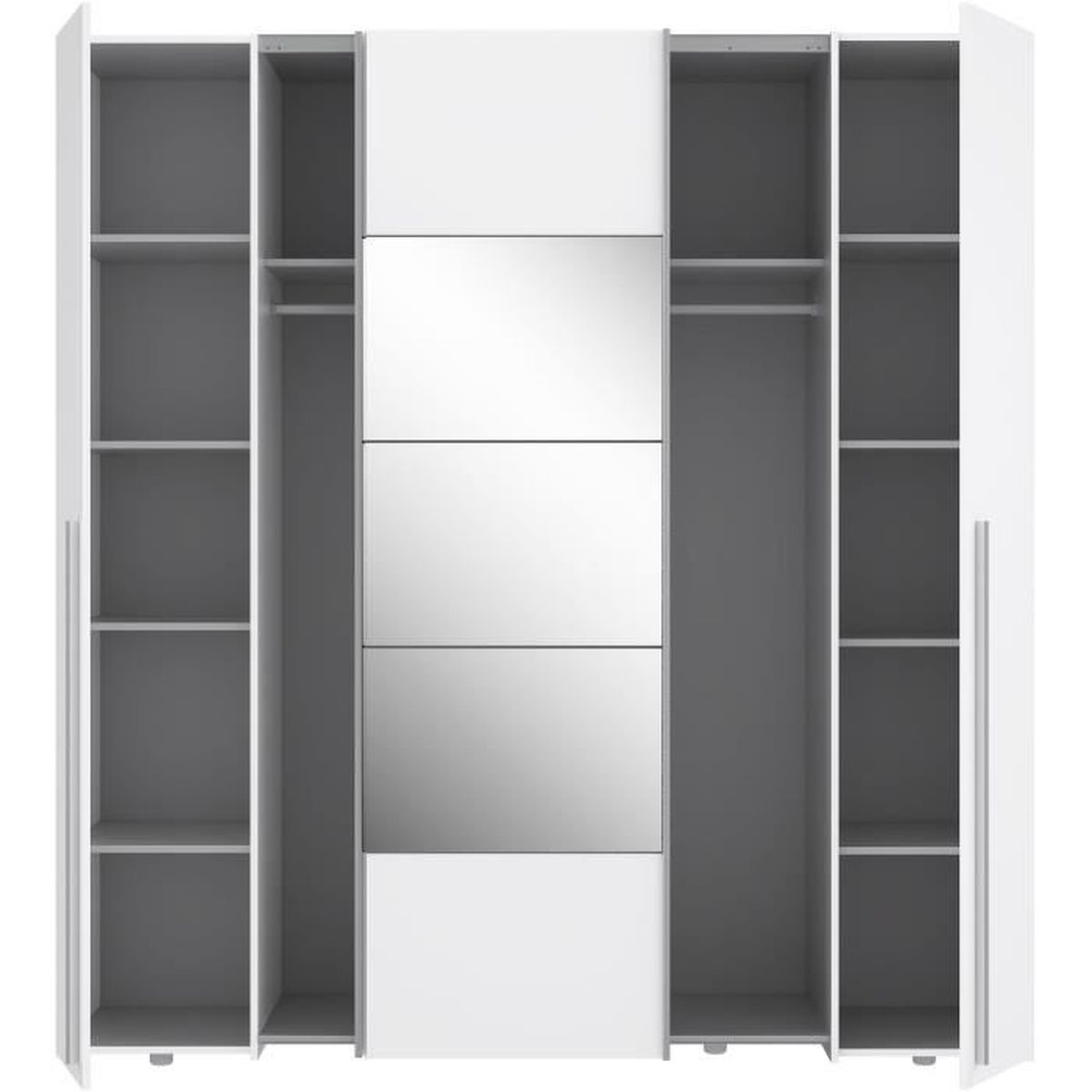 Ein weißer Kleiderschrank mit Spiegeln und Regalen.