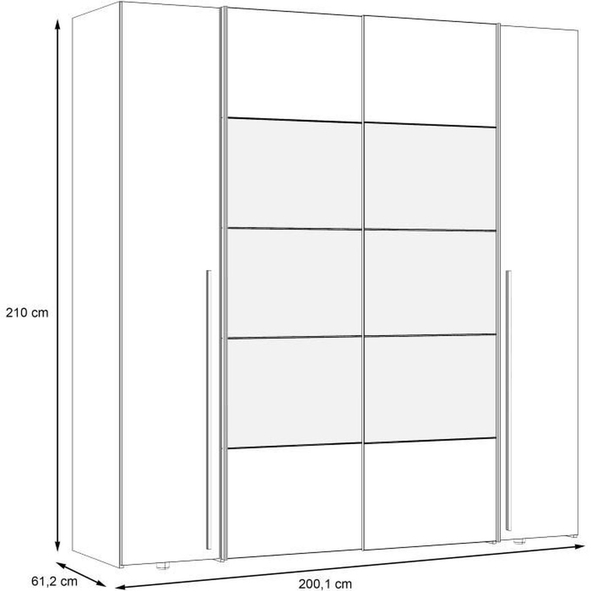 Ein weißer Schrank mit vier Türen und silbernen Griffen. Maße: 210x200,1x61,2cm.