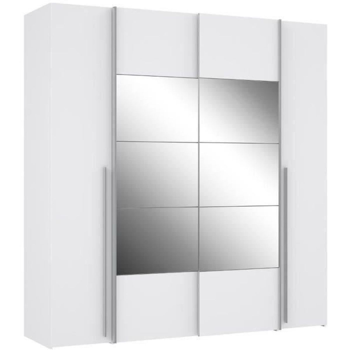 Ein weißer Schrank mit sechs Spiegeltüren und silbernen Griffen.
