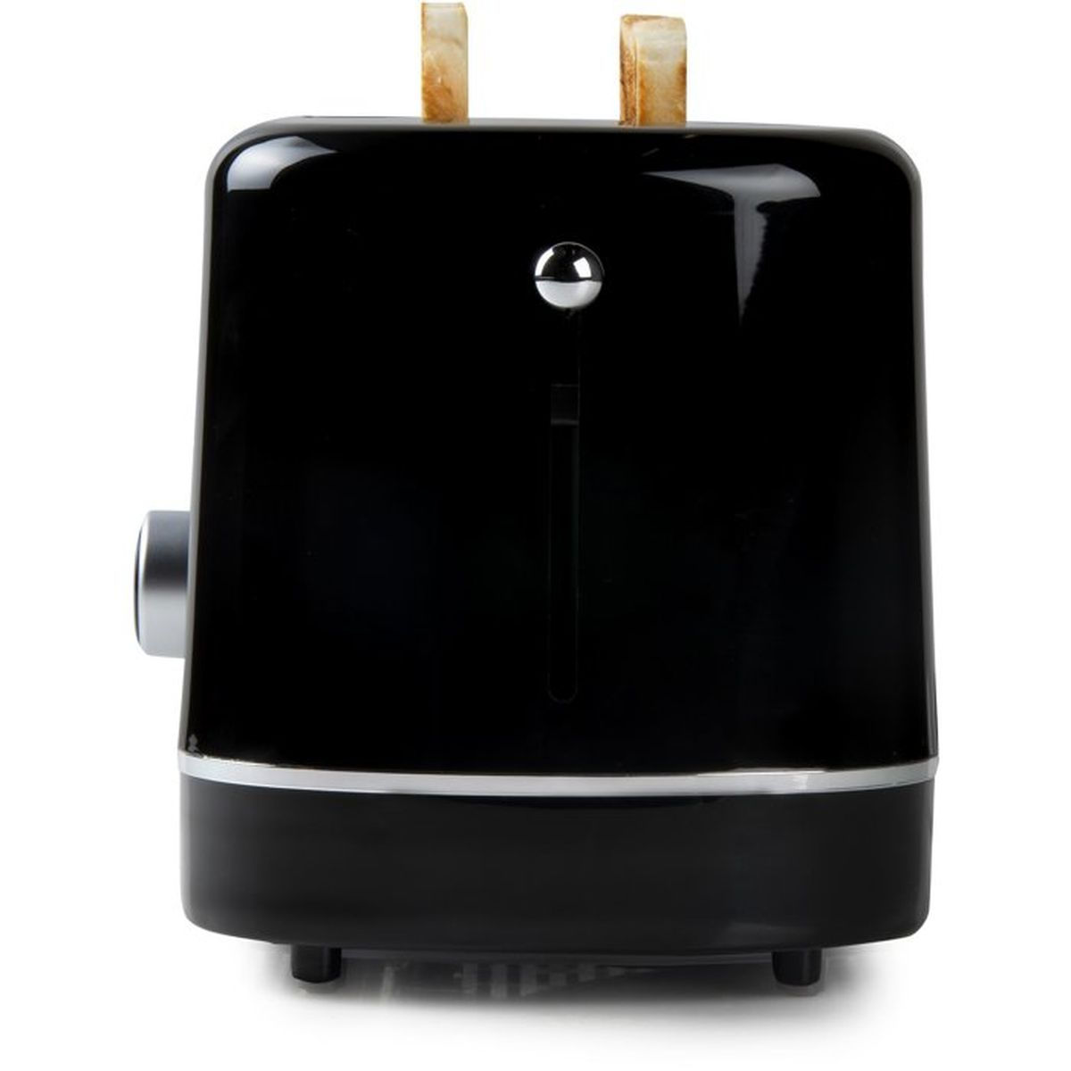 Ein schwarzer Toaster mit zwei Scheiben Toast, die oben herausragen.