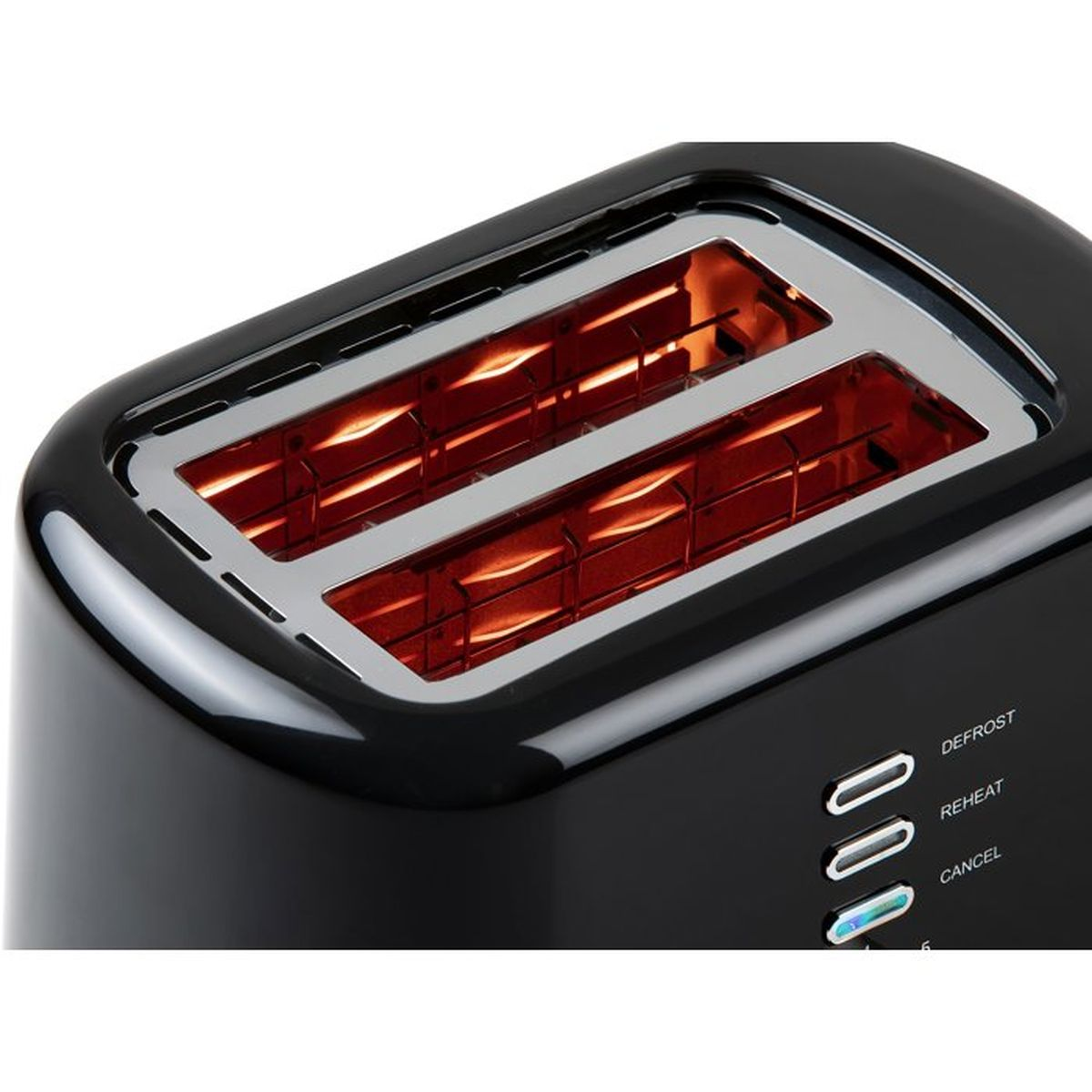 Schwarzer Toaster mit zwei leuchtend roten Heizschlitzen und drei Bedienelementen.