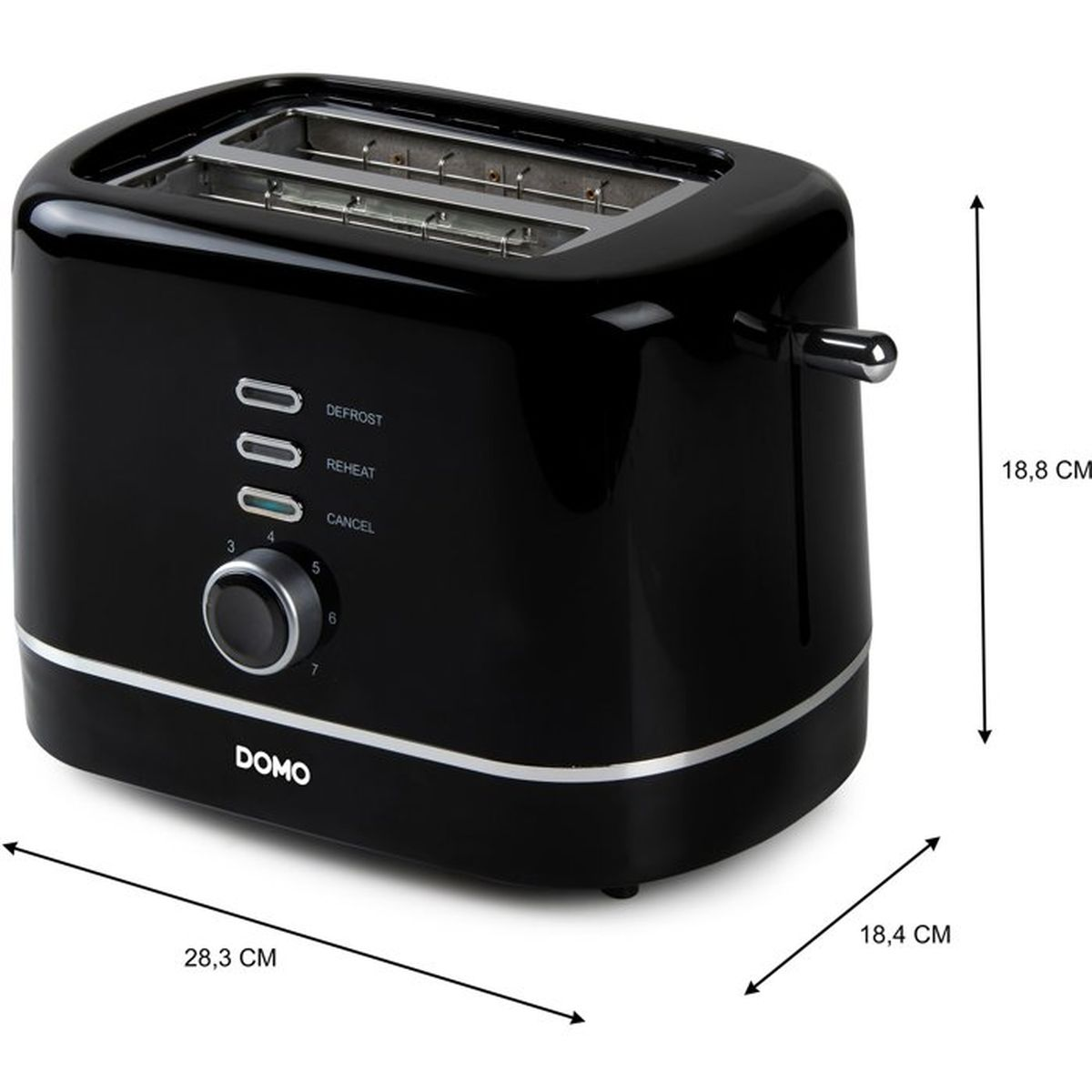 Ein schwarzer Toaster mit silbernen Akzenten und Bedienknöpfen.