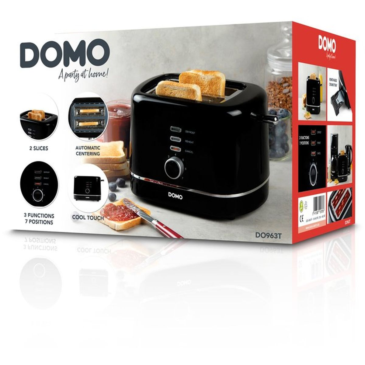 Schwarzer Domo Toaster für 2 Scheiben Toast, zeigt Funktionen wie Auftauen & Aufwärmen.