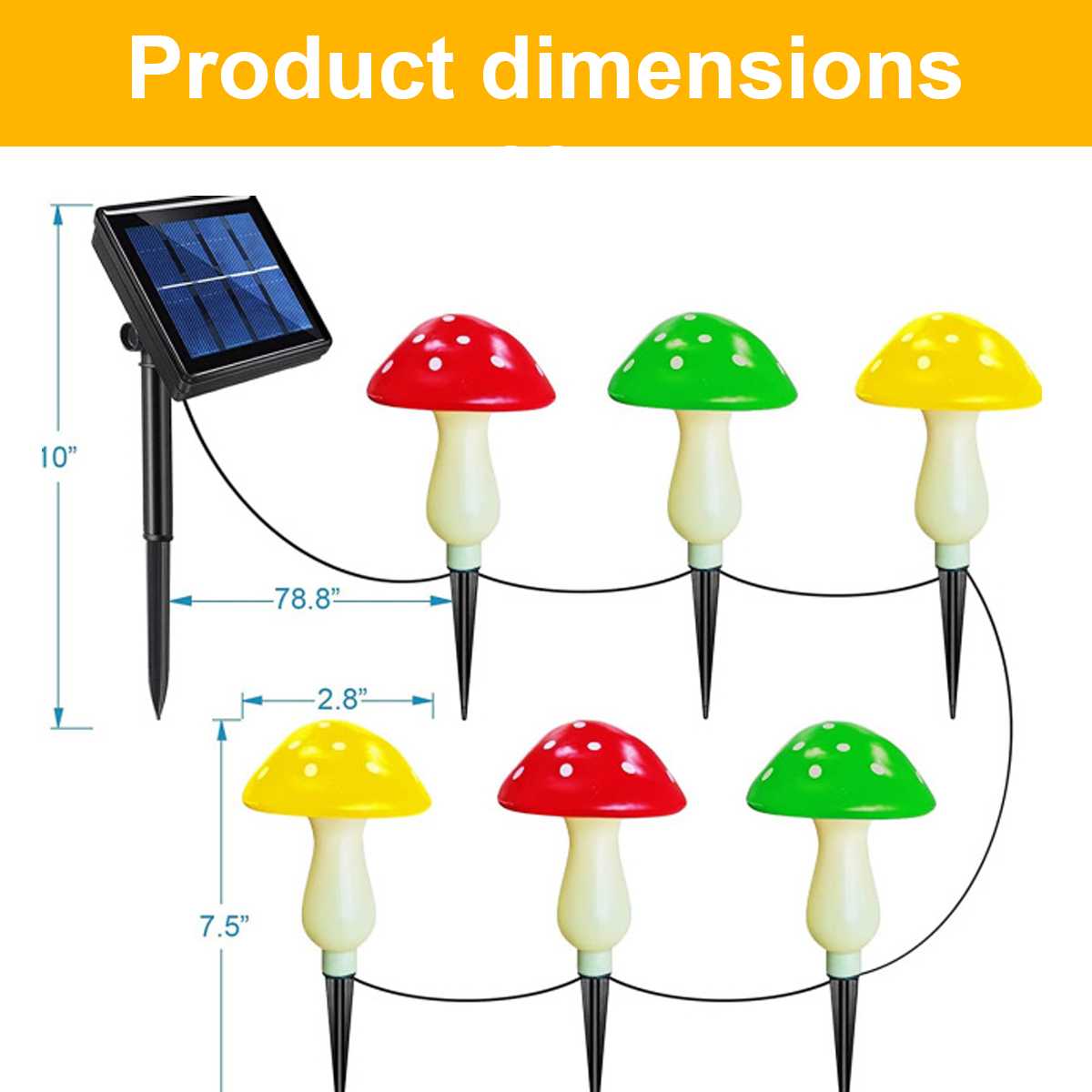 Solarpanel mit 6 Pilzleuchten: rot, grün, gelb, rot, grün, gelb.