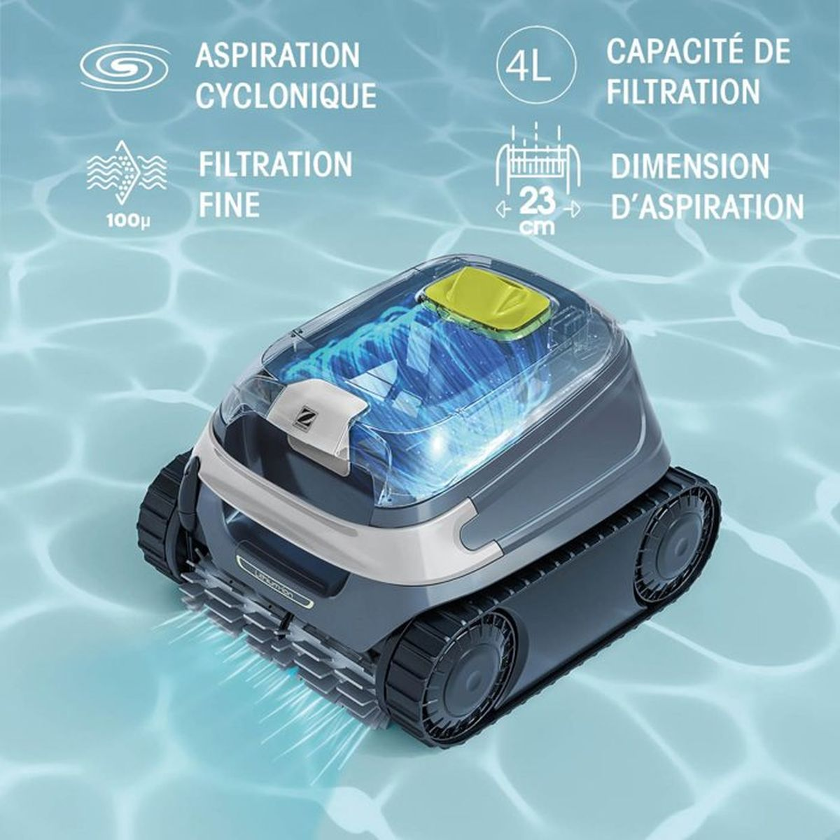 Ein Poolreiniger mit Zyklonfiltration und 4L Kapazität in blauem Wasser.