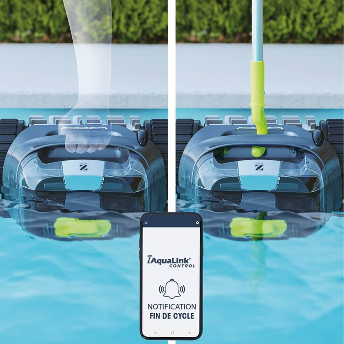 Ein Poolroboter im Wasser neben einem Smartphone mit Benachrichtigung.