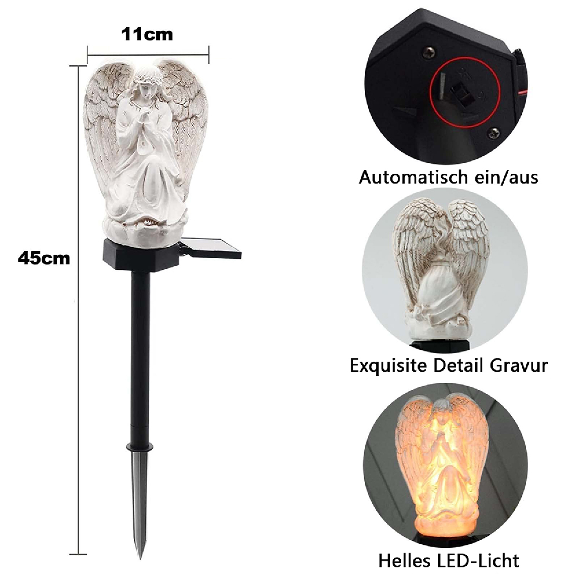 Engel-Gartenleuchte, 45cm hoch, mit Solarpanel und LED-Licht.