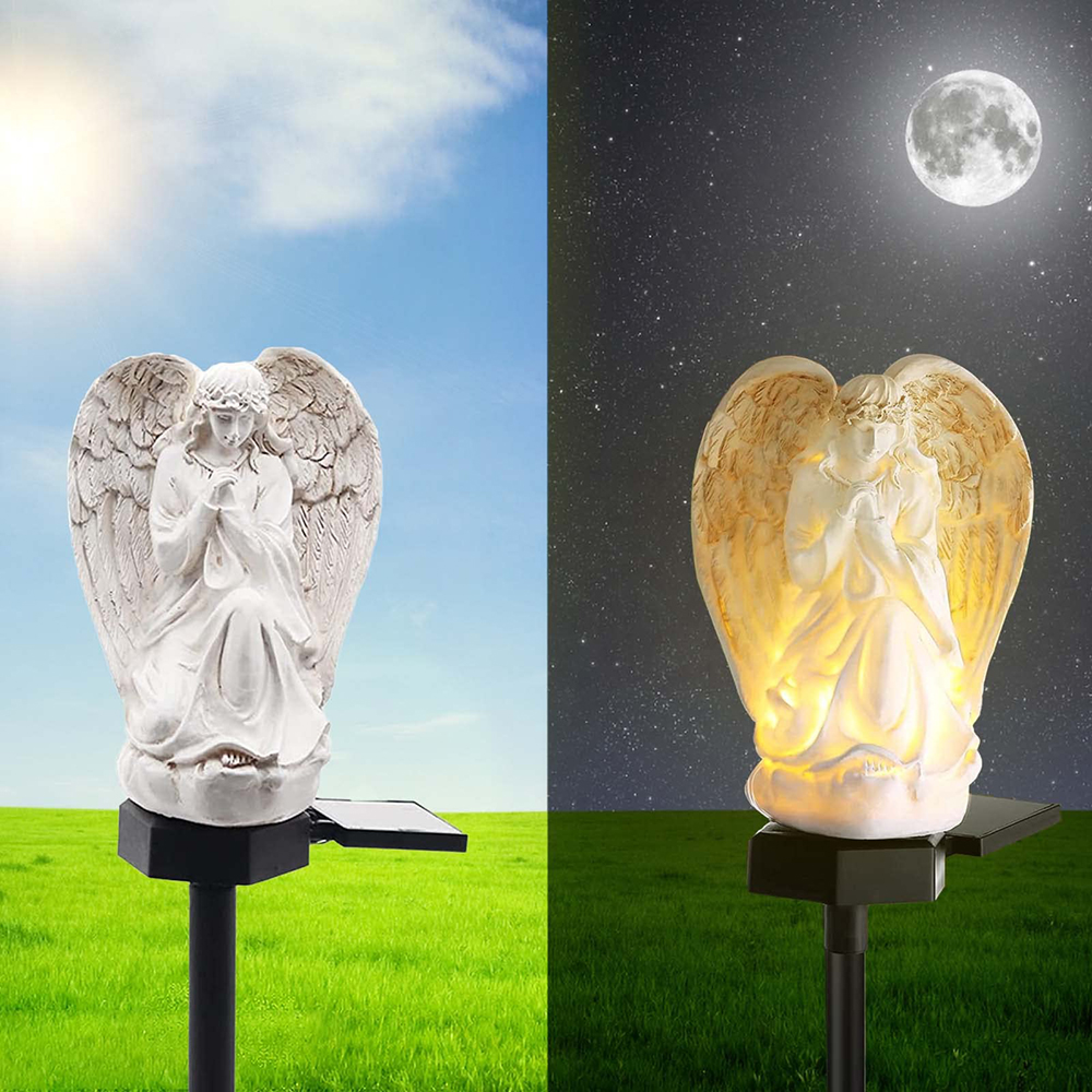 Engelfigur im Gras, tagsüber und nachts mit Mond und Sternen.