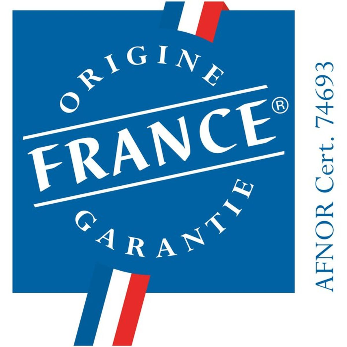 Blaues Siegel mit weißem Text 'Origine France Garantie' und französischer Flagge.